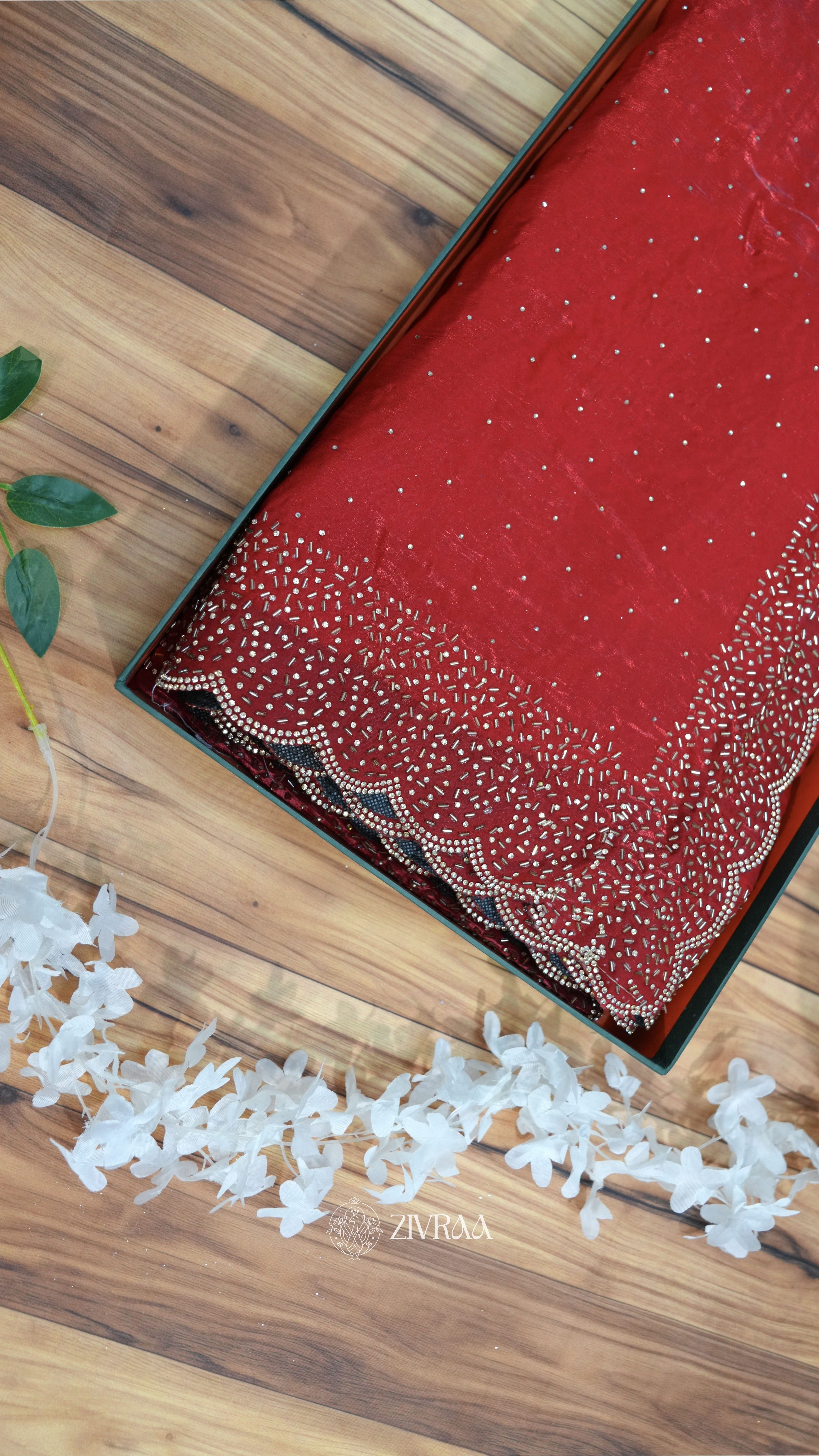 Wine Elegance Hand-Embellished Saree with Scalloped Border