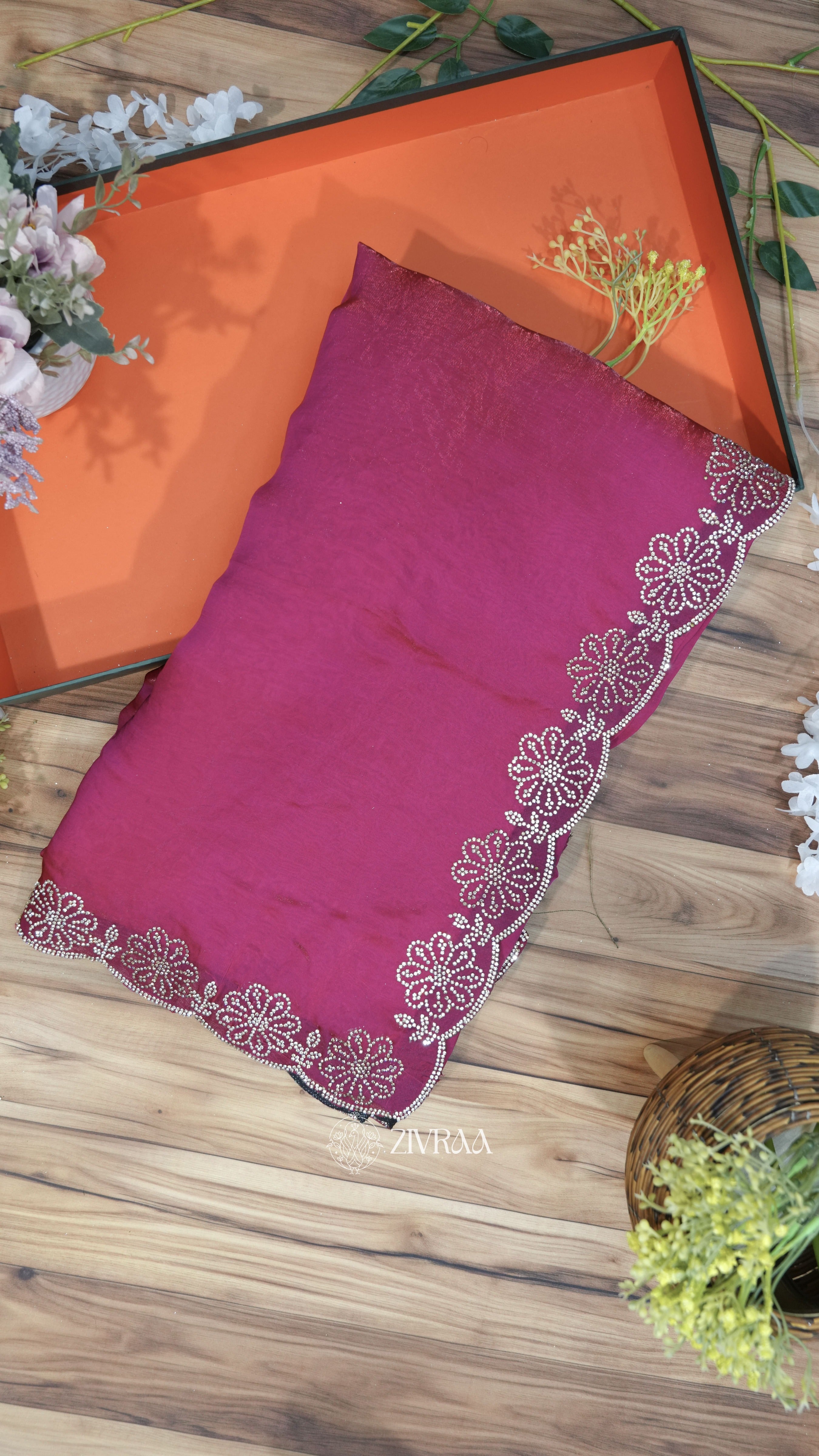 Elegant Teal Blue Fendi Silk Saree with Floral Stone Border