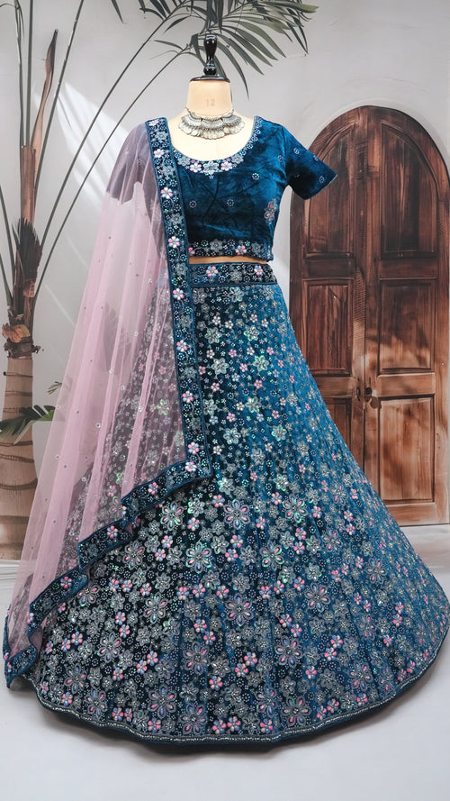 blue Velvet Lehenga Choli with Heavy Floral Embroidery & Net Dupatta