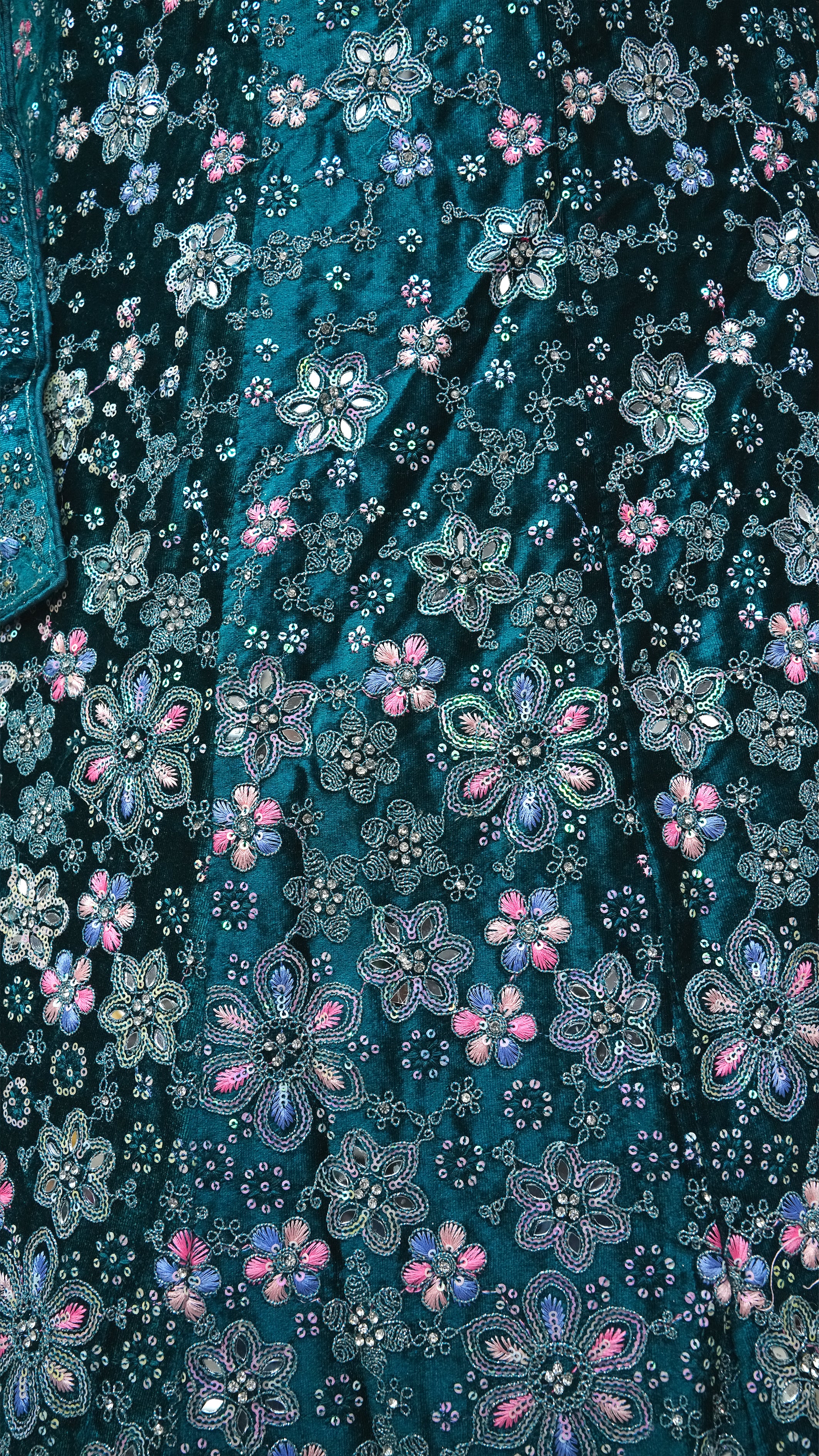 blue Velvet Lehenga Choli with Heavy Floral Embroidery & Net Dupatta