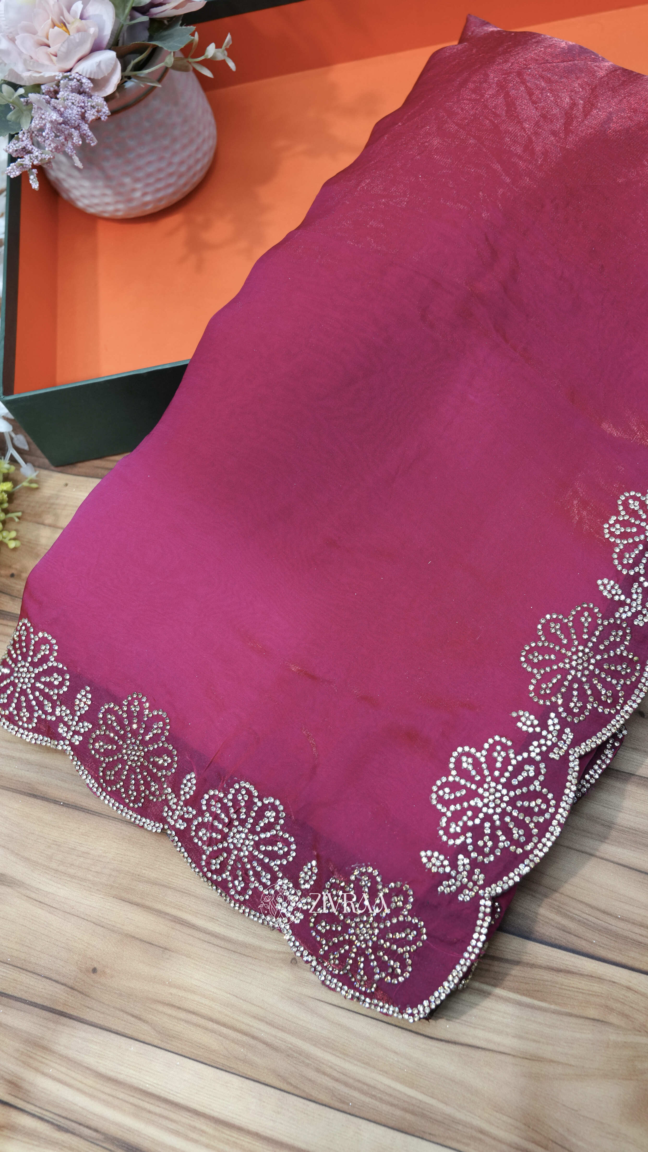 Elegant Wine Maroon Fendi Silk Saree with Floral Bead Border