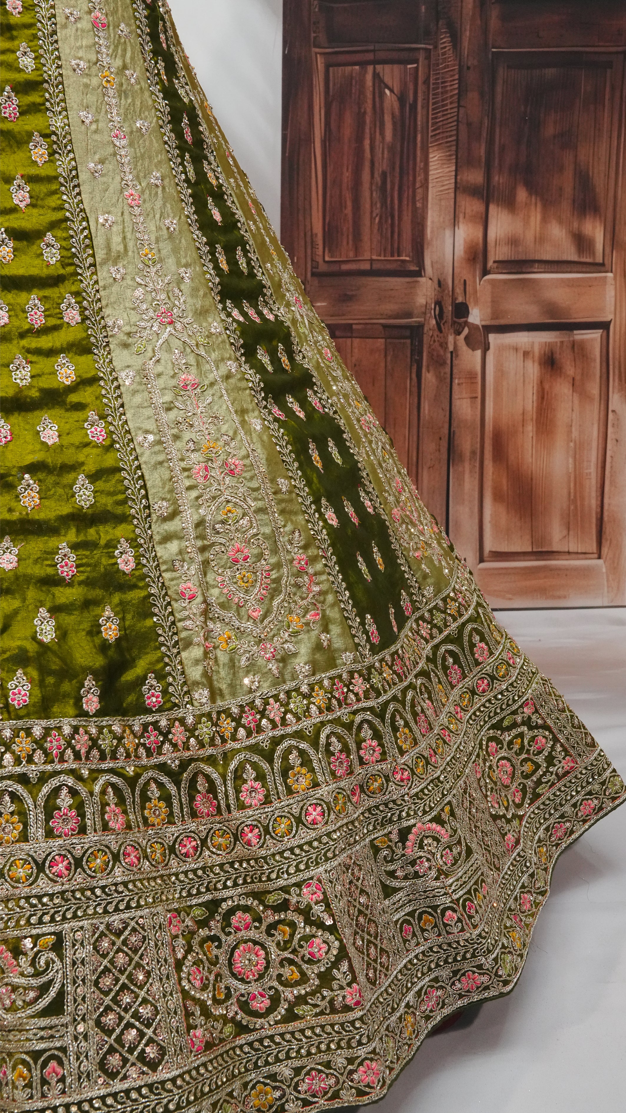 Olive Green Embroidered Silk Lehenga Choli with Matching Dupatta