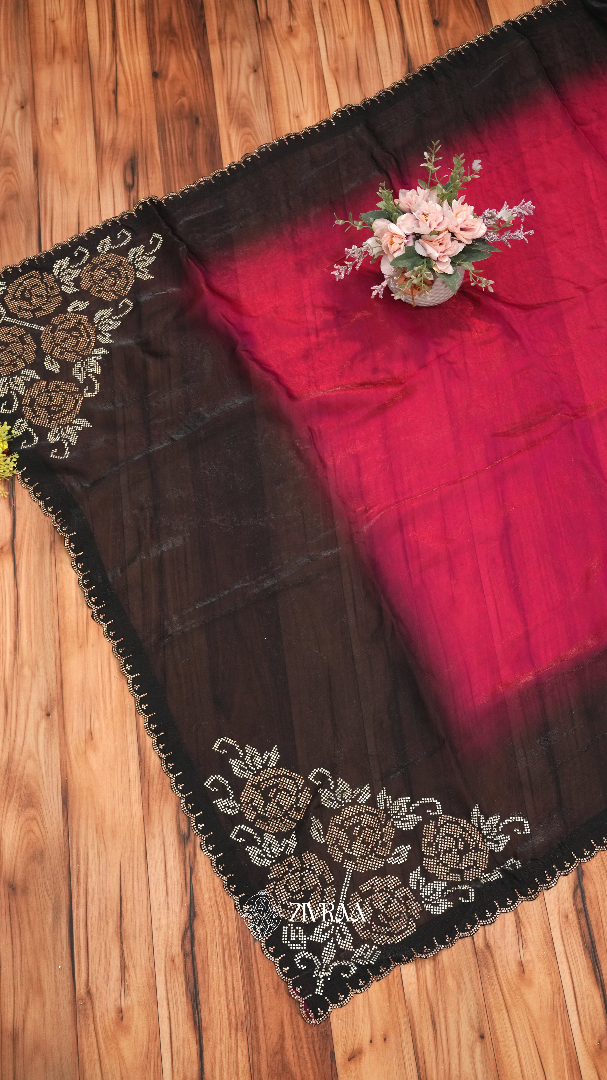 Elegant Black–Maroon Ombre Saree with Stone Floral Border