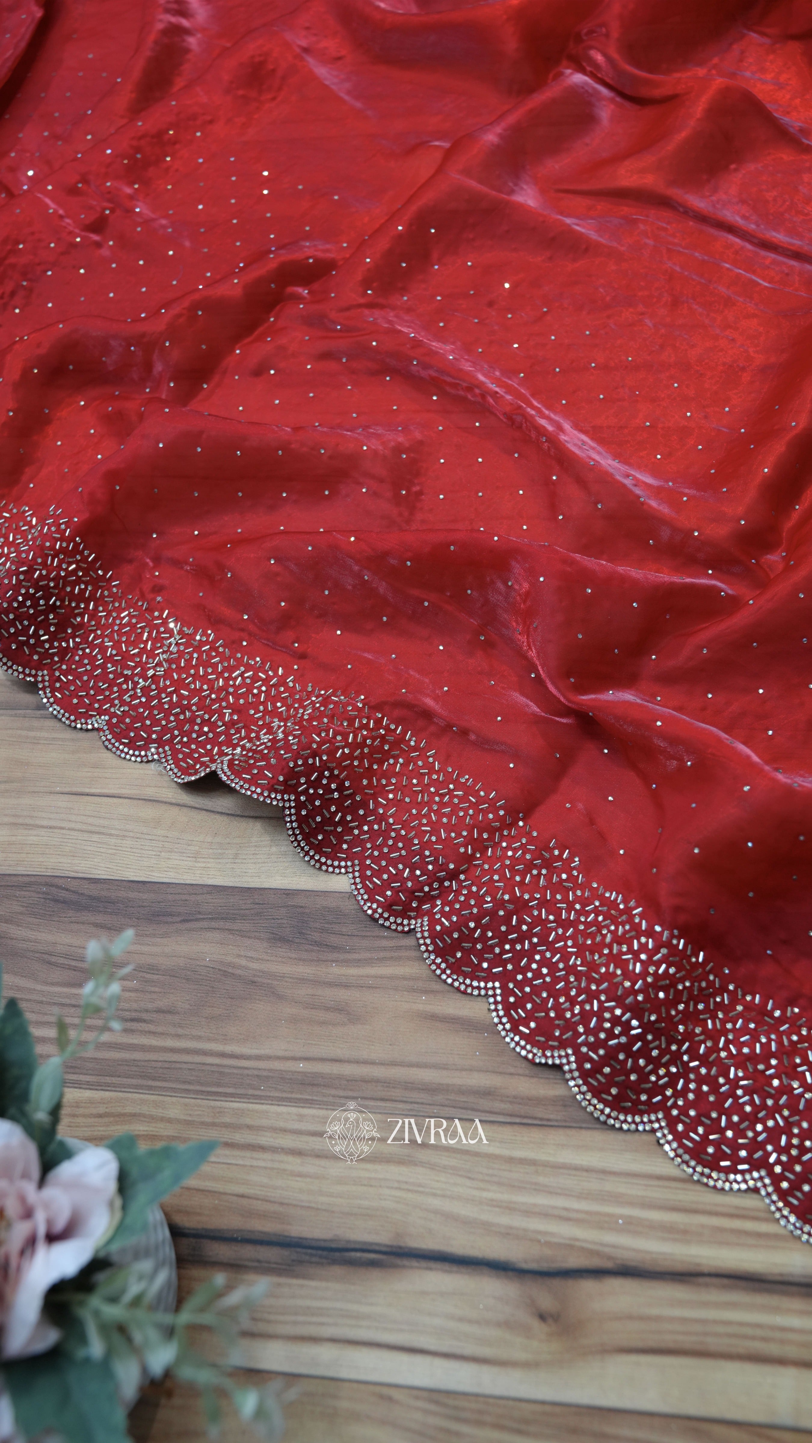 Elegant Red Hand-Embellished Saree with Scalloped Border