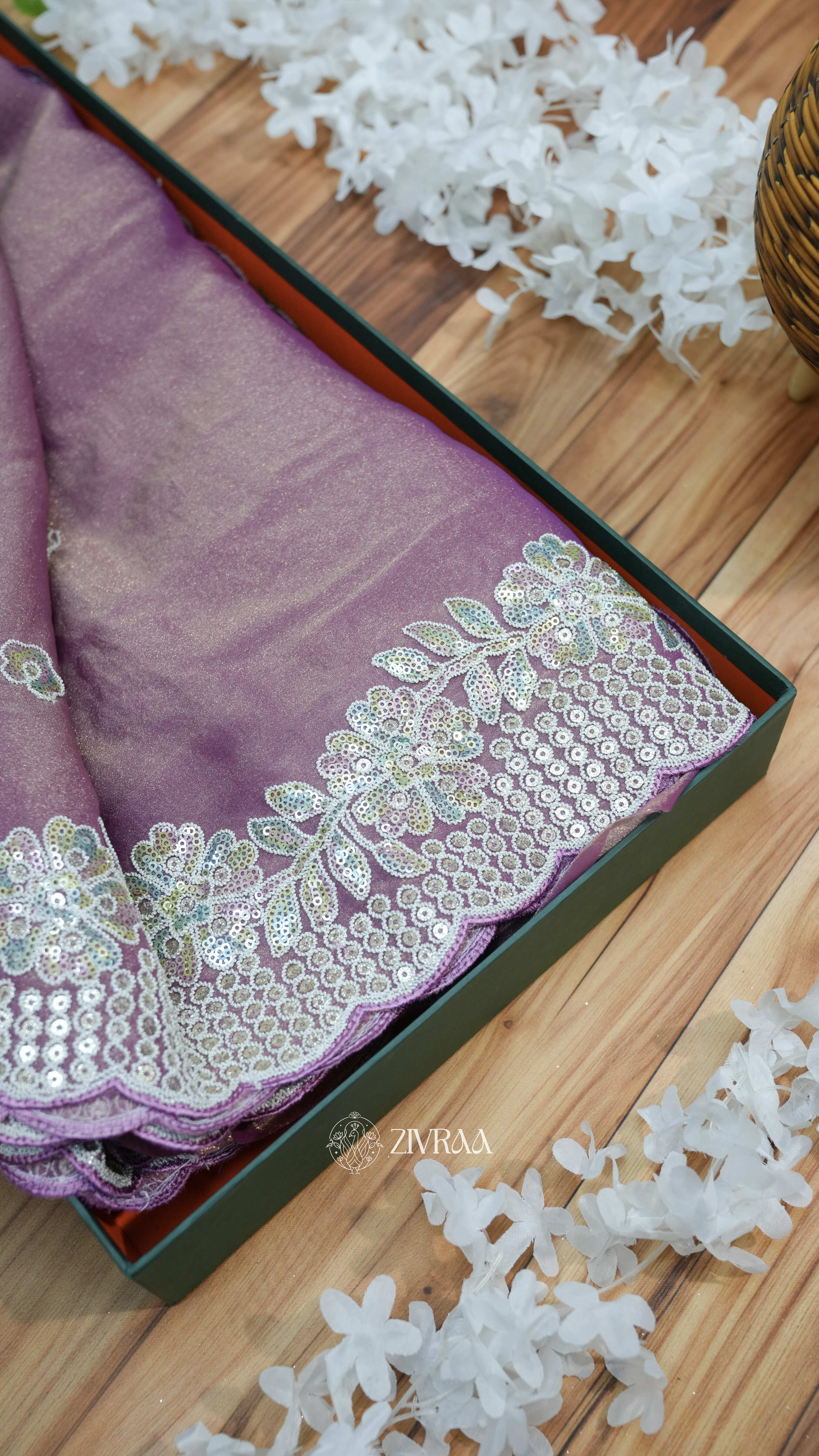 Olive Green Embroidered Moss Saree with Sequin Border