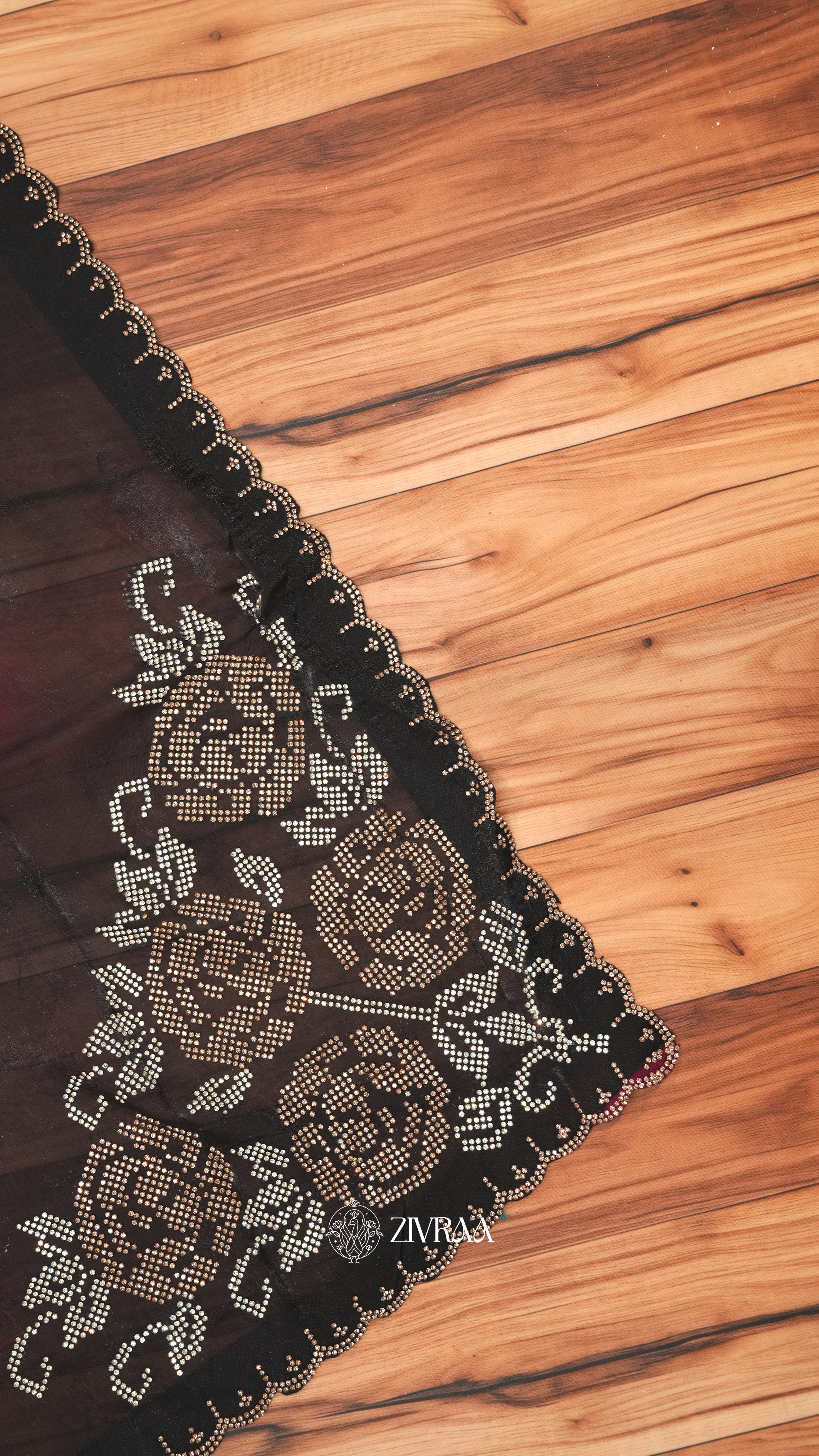 Elegant Black purple Designer Saree with Stone Floral Embellishment & Scalloped Border