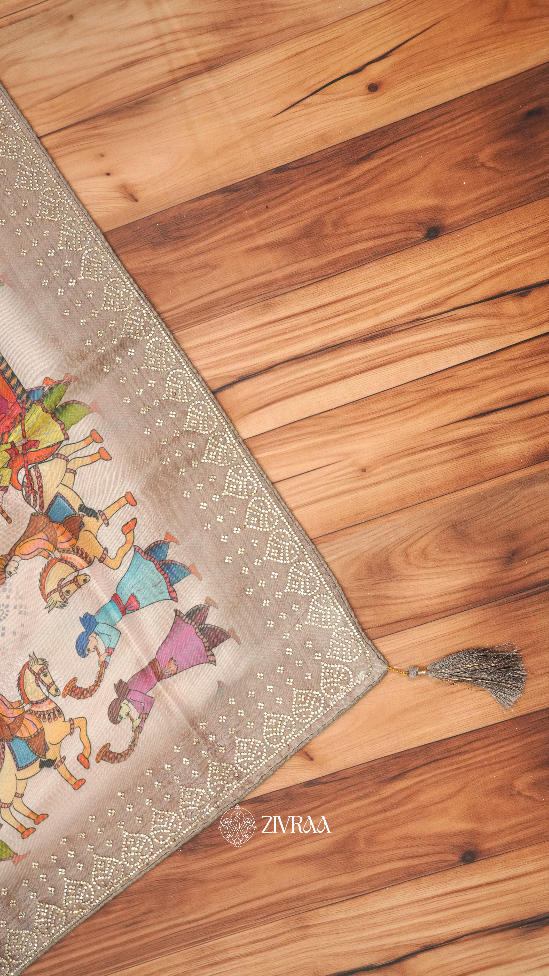 Sea Green Folk Art digital Printed Saree with Embellished Border