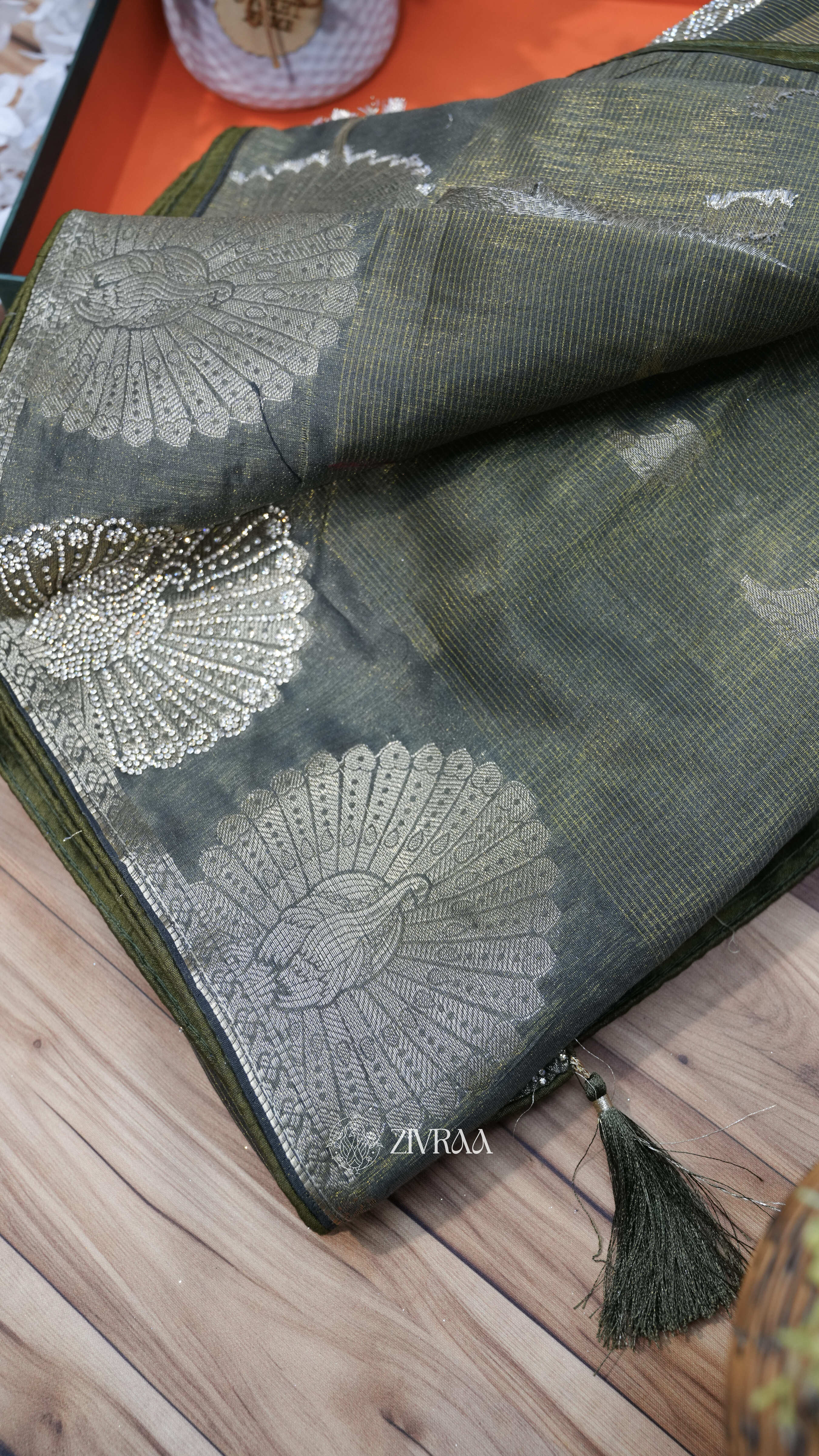 Olive Green Silk Blend Saree with Silver Zari & Handcrafted Motif Border