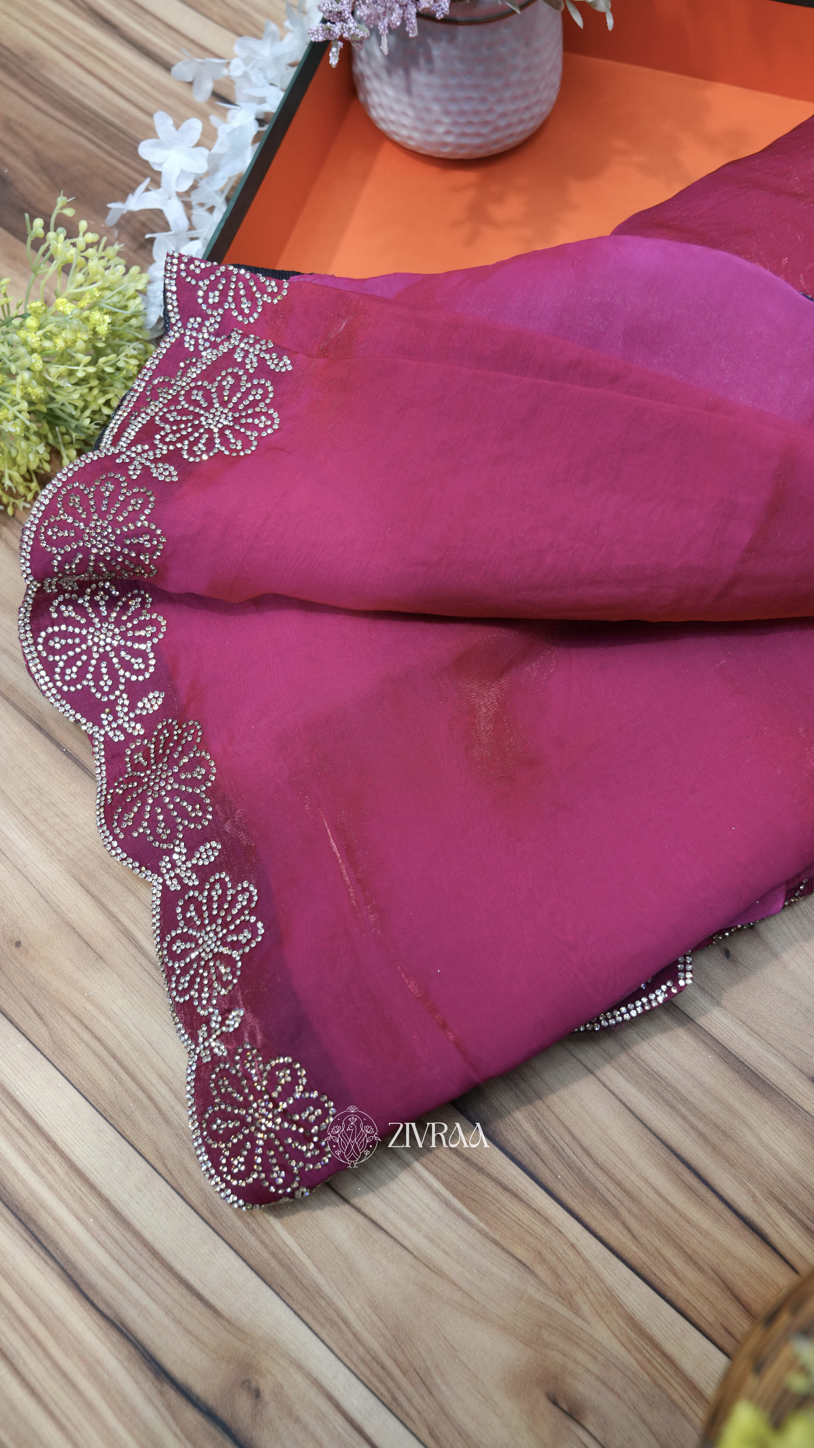 Elegant Wine Maroon Fendi Silk Saree with Floral Bead Border