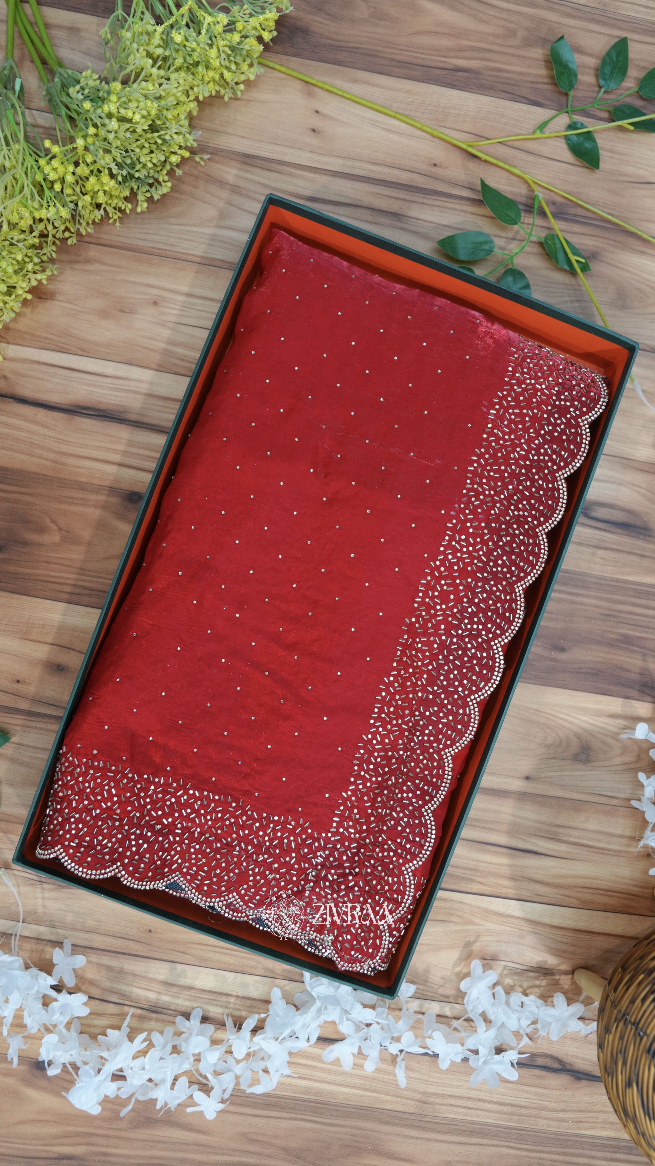 Wine Elegance Hand-Embellished Saree with Scalloped Border