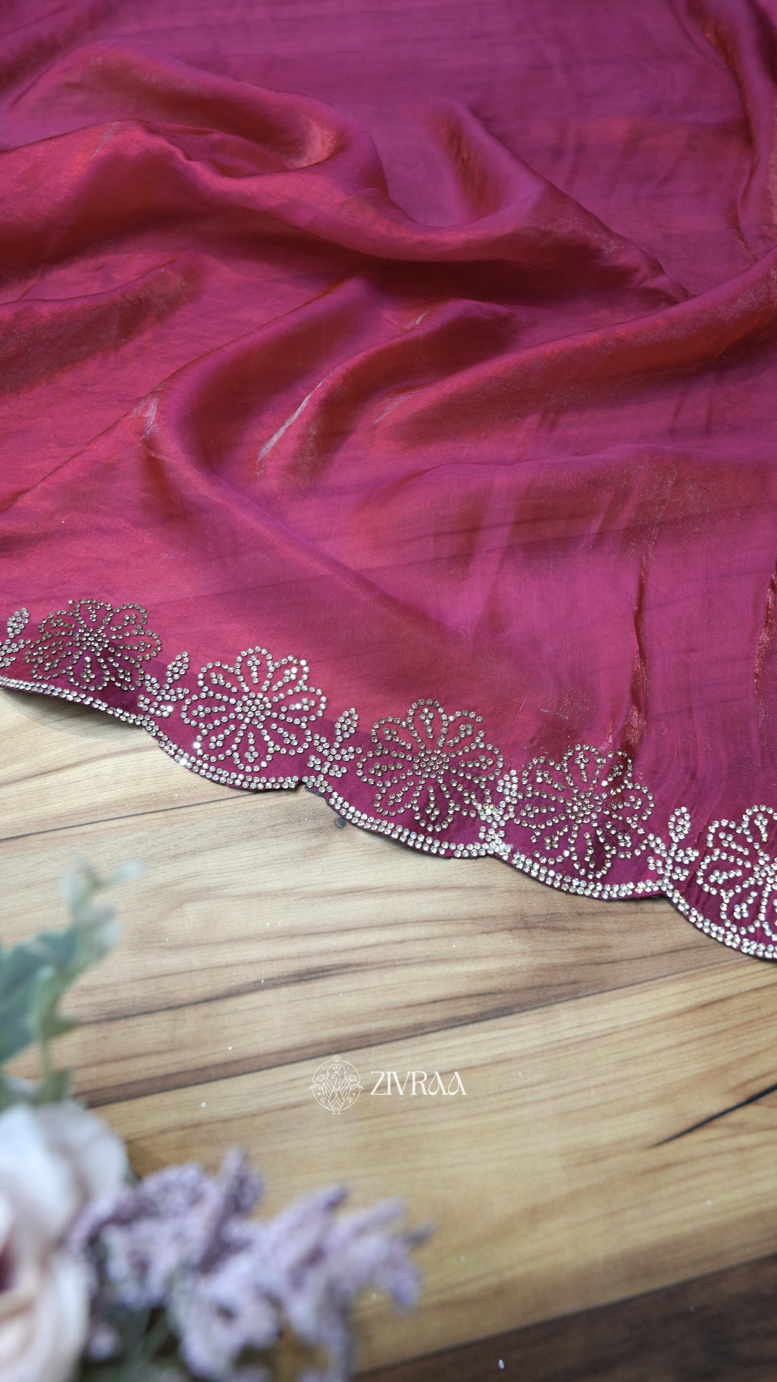 Elegant Teal Blue Fendi Silk Saree with Floral Stone Border