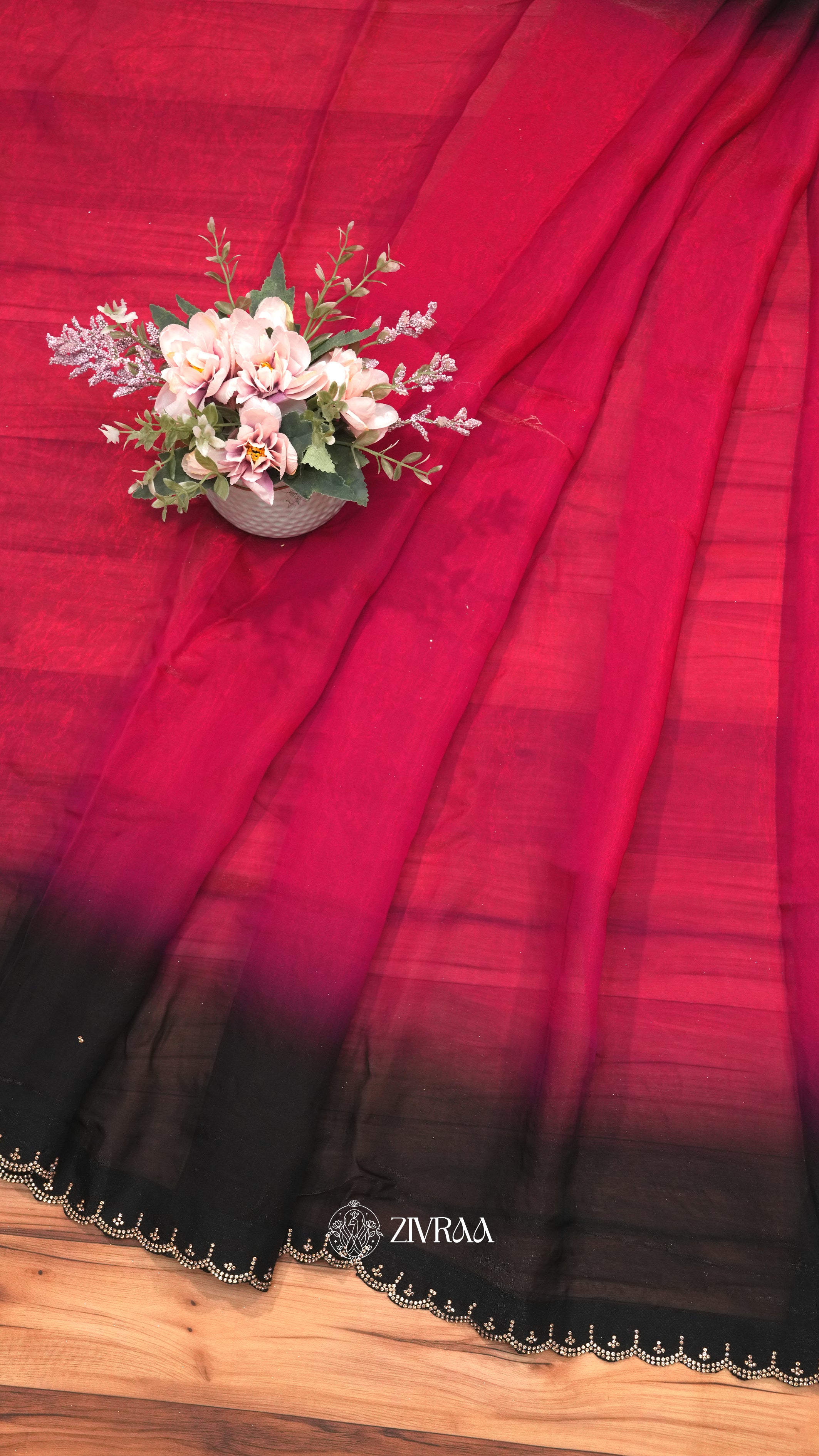 Elegant Black–Maroon Ombre Saree with Stone Floral Border