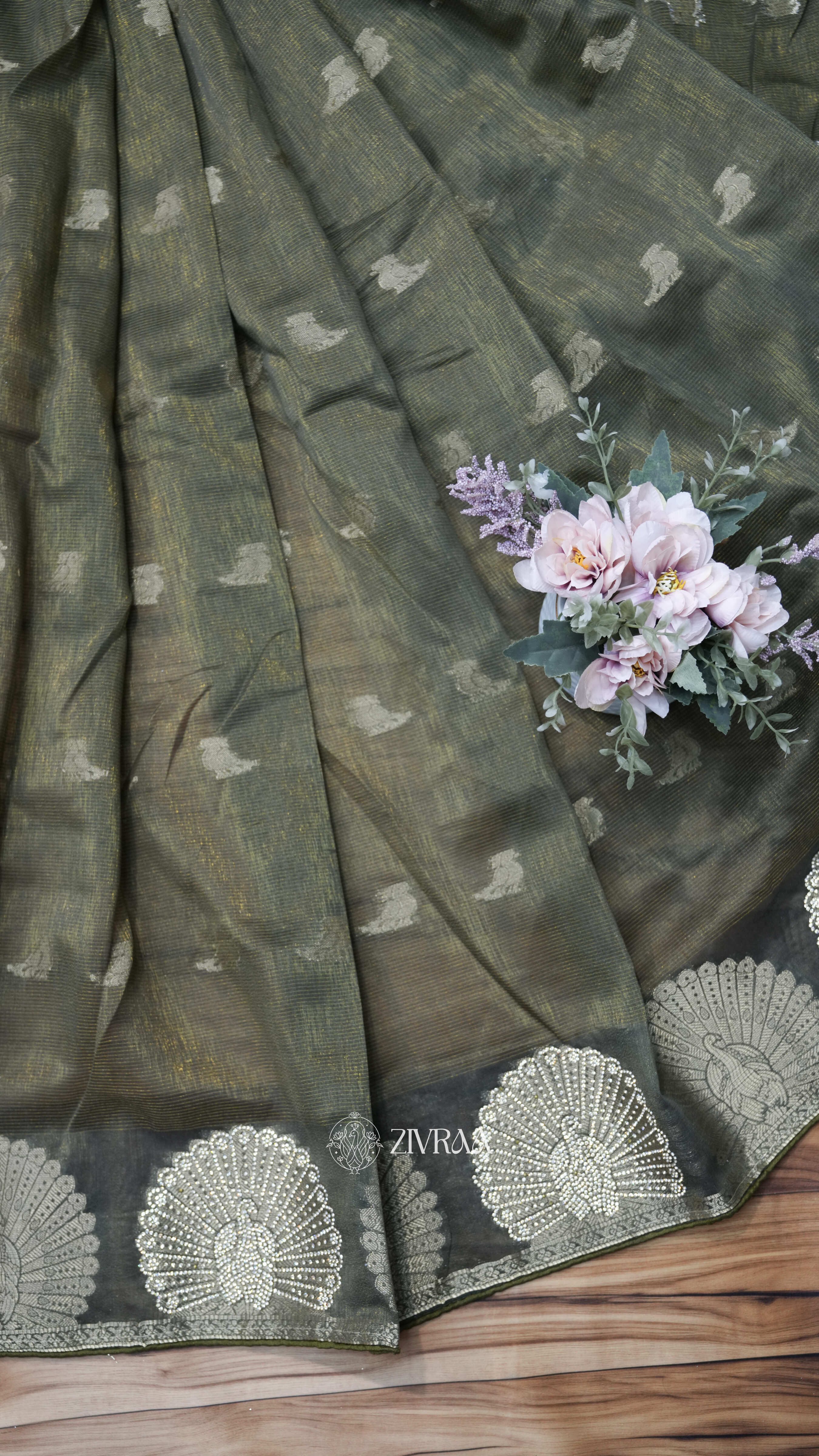 Rust Brown Silk Blend Saree with Swarovski Floral Motif Border