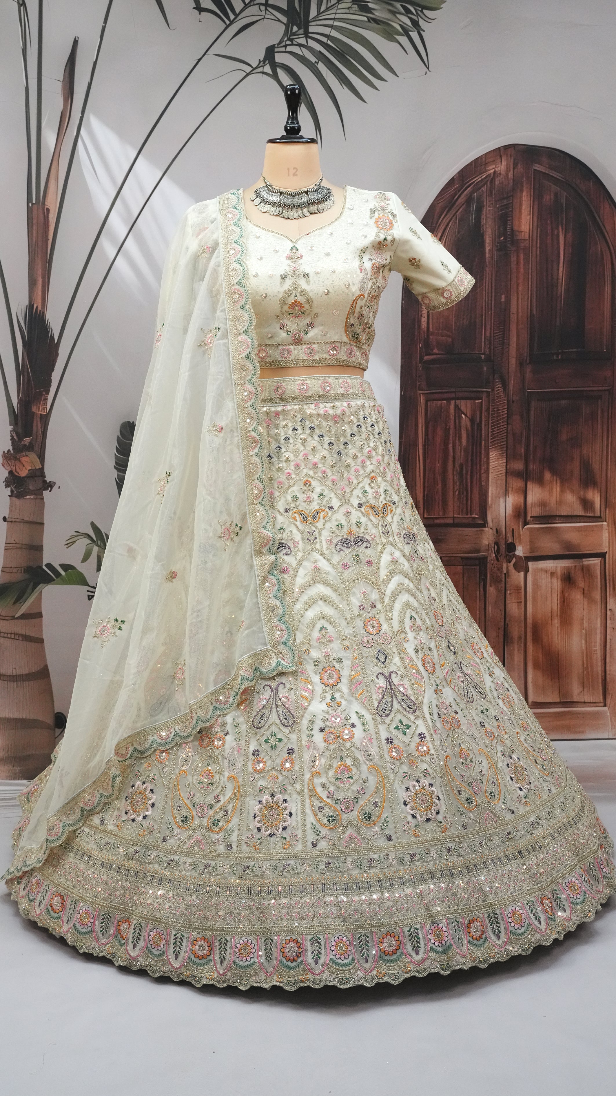 Ivory gold Embroidered Bridal Lehenga Choli with Net Dupatta – Pastel Handwork Designer Lehenga