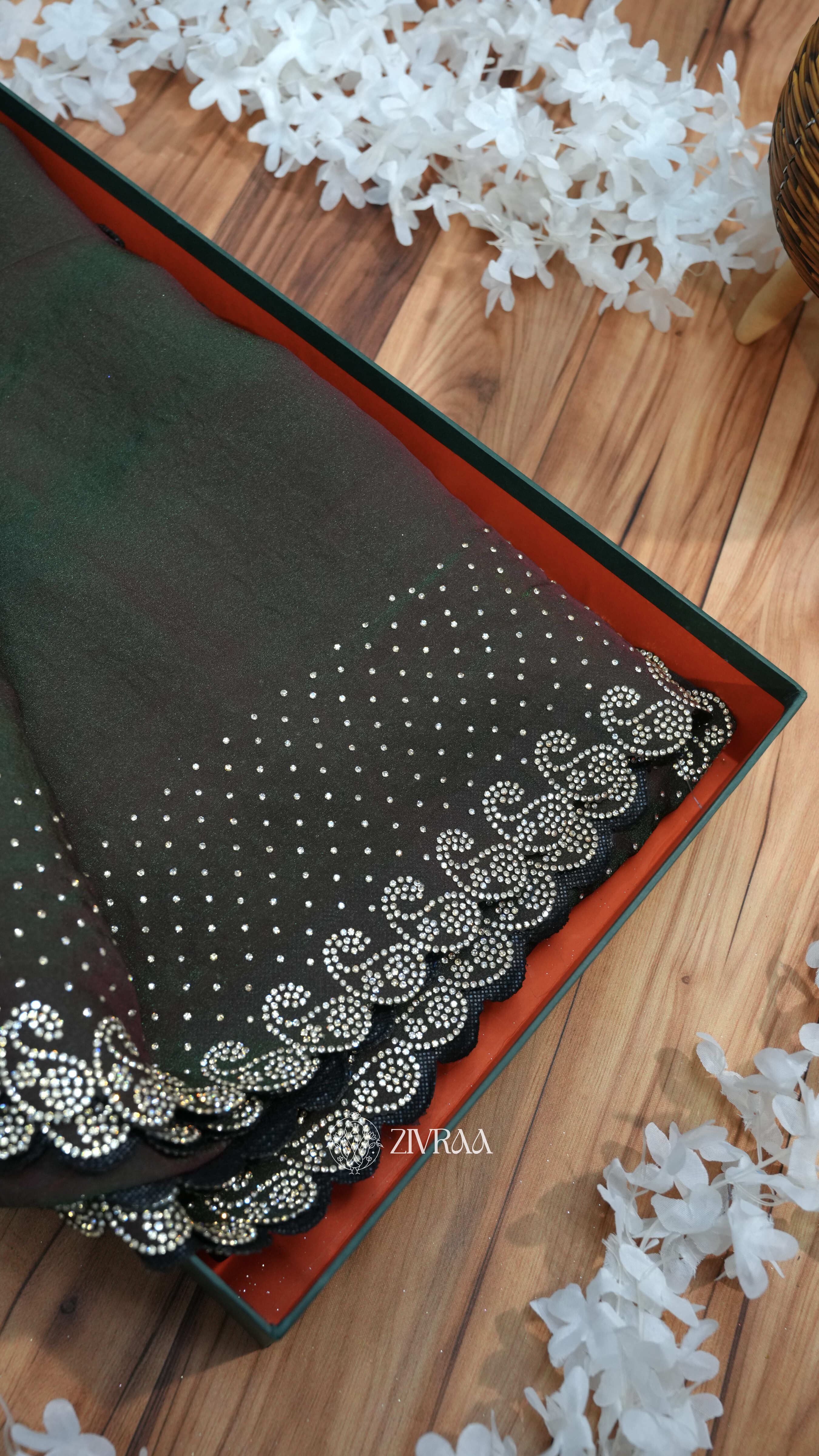 Elegant Dark Olive Stone Work Designer Saree with Embellished Border