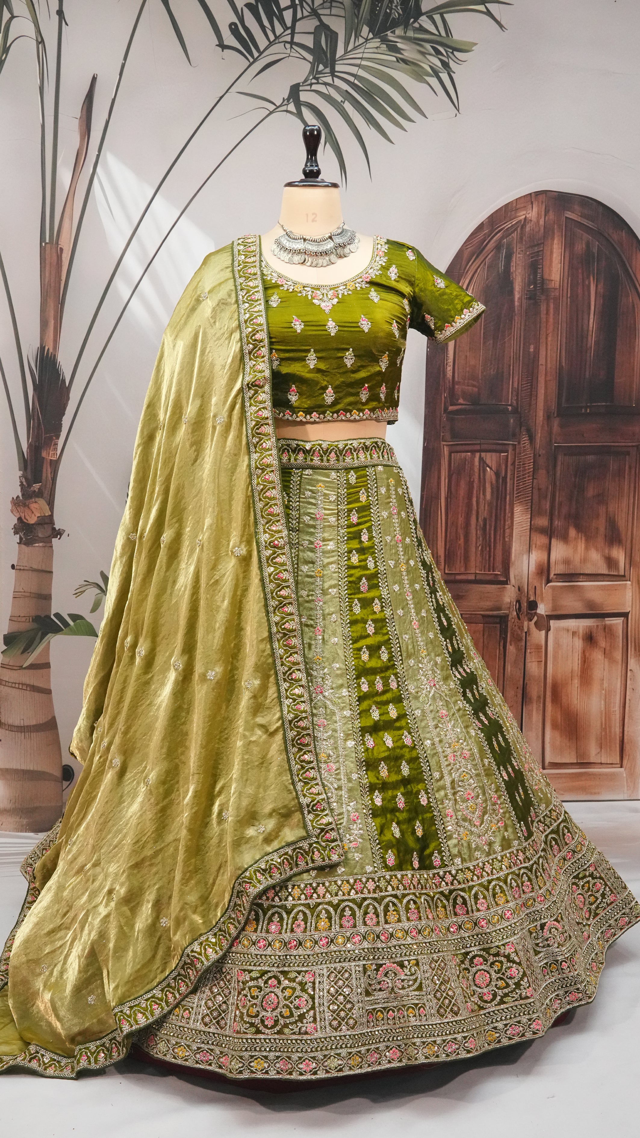 Olive Green Embroidered Silk Lehenga Choli with Matching Dupatta
