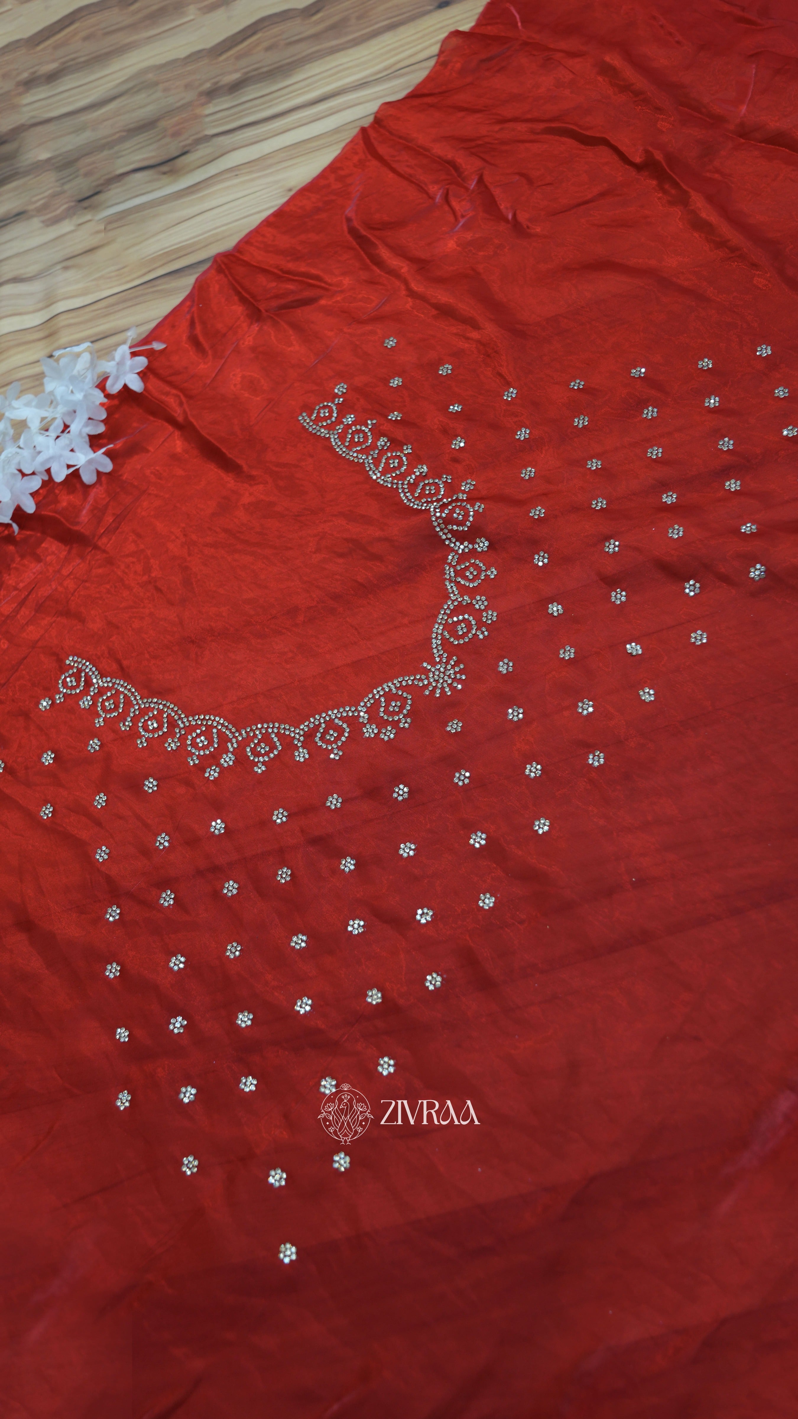 Elegant Red Hand-Embellished Saree with Scalloped Border