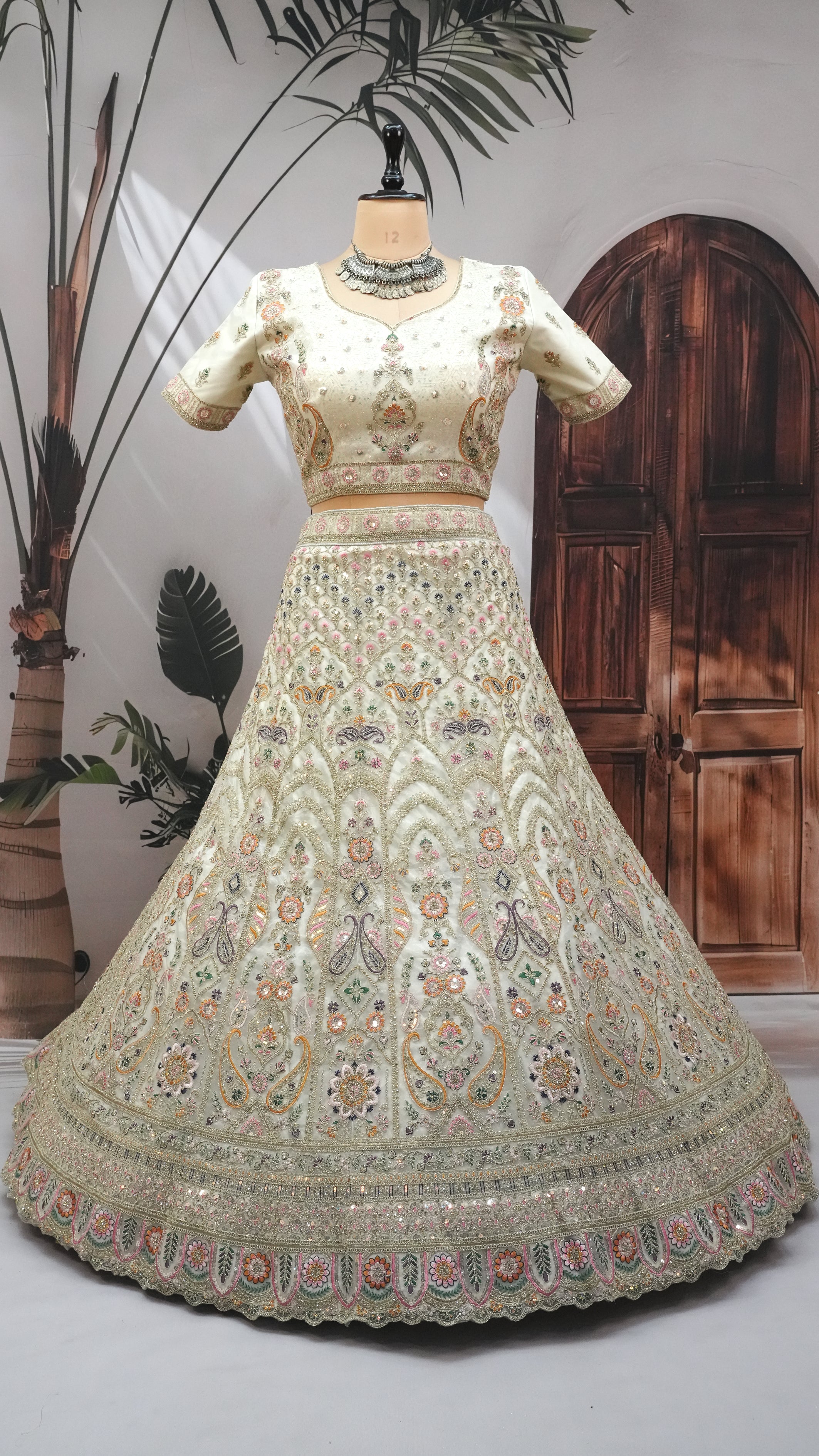 Ivory gold Embroidered Bridal Lehenga Choli with Net Dupatta – Pastel Handwork Designer Lehenga