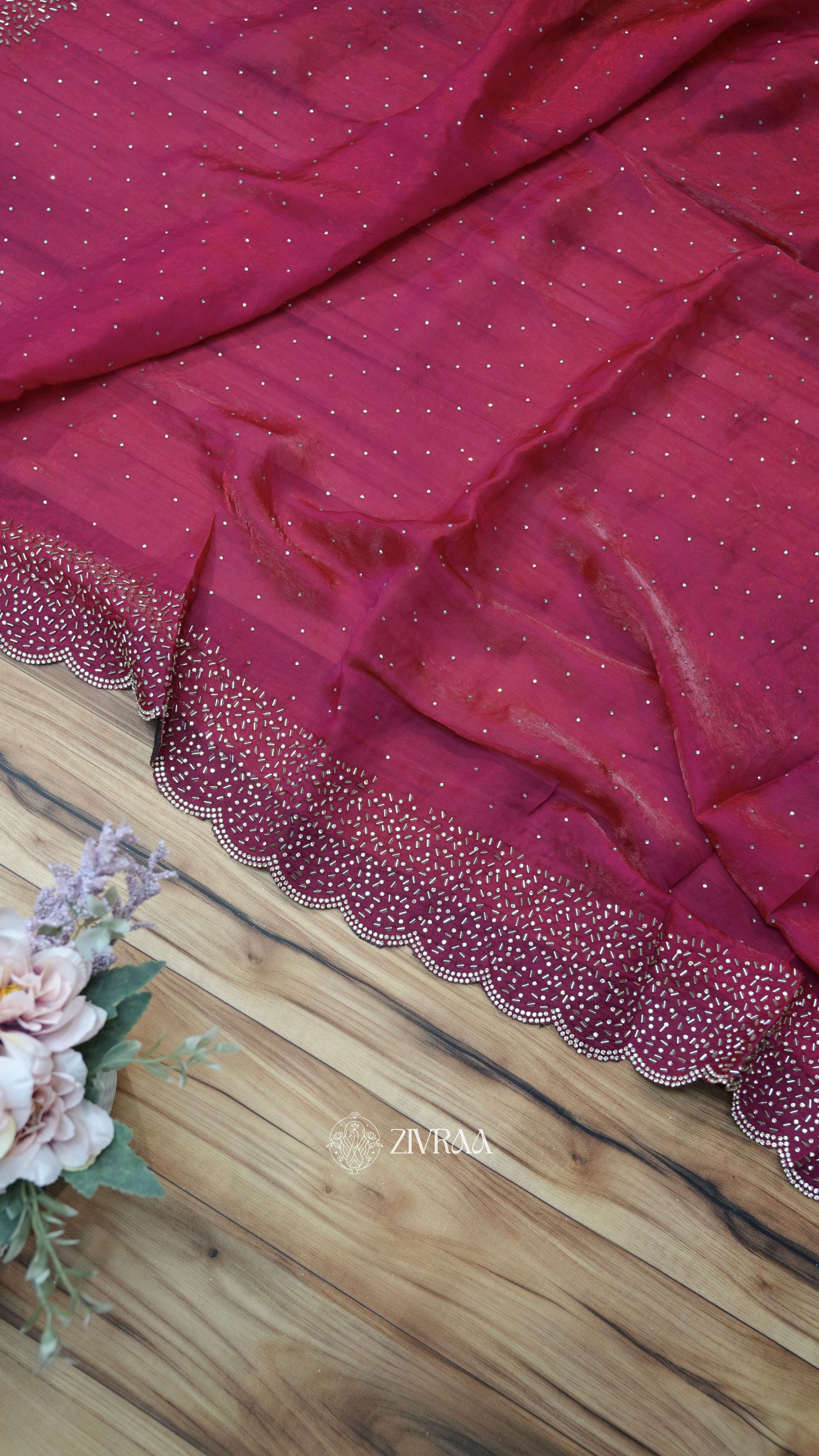 Festive Rani Saree with siroski Scalloped Border