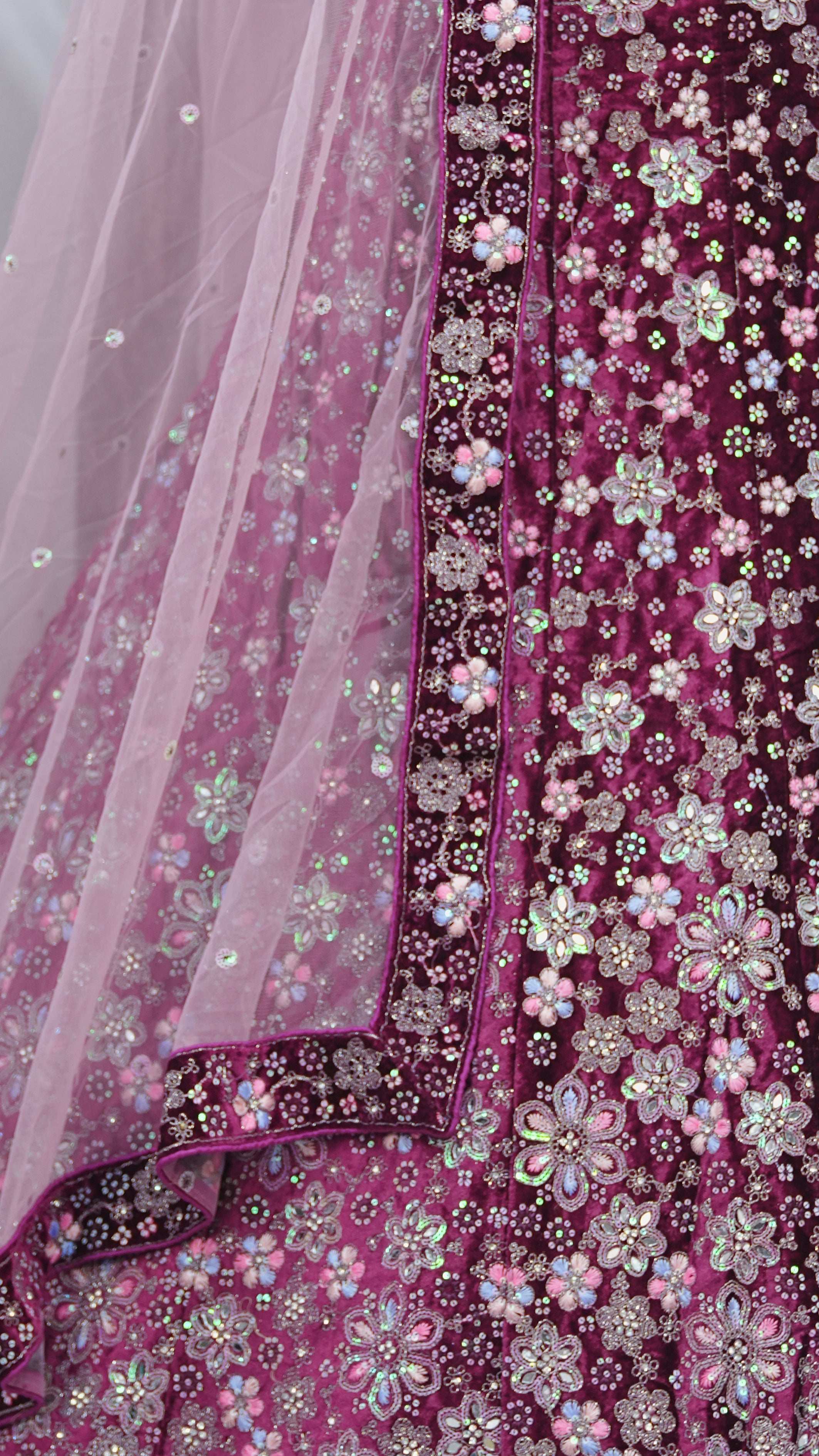 blue Velvet Lehenga Choli with Heavy Floral Embroidery & Net Dupatta