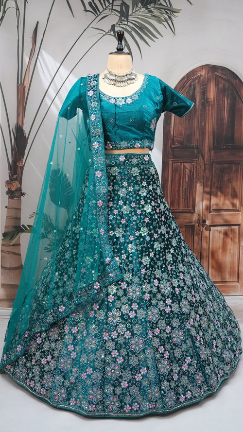 blue Velvet Lehenga Choli with Heavy Floral Embroidery & Net Dupatta
