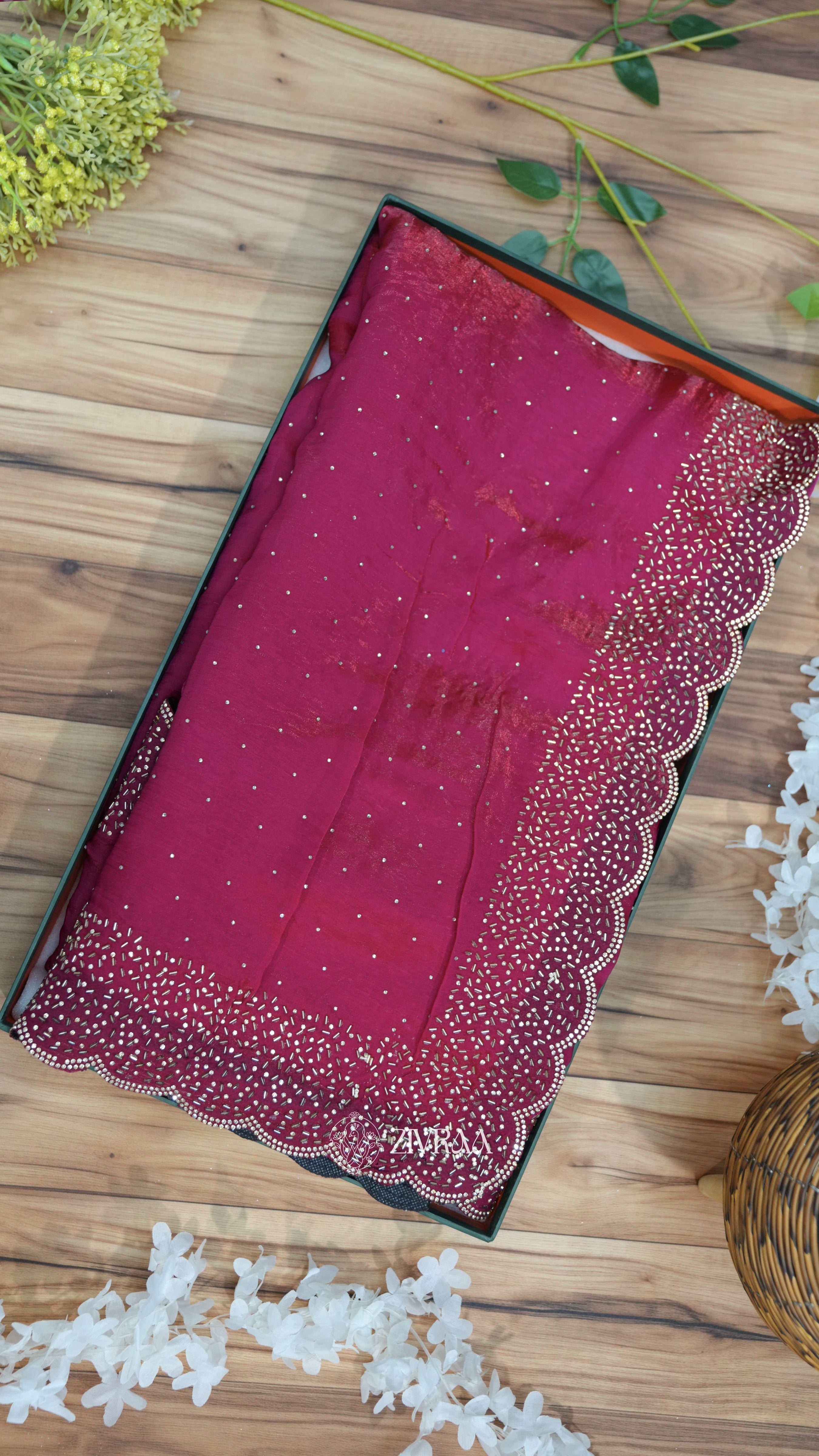 Elegant Red Hand-Embellished Saree with Scalloped Border