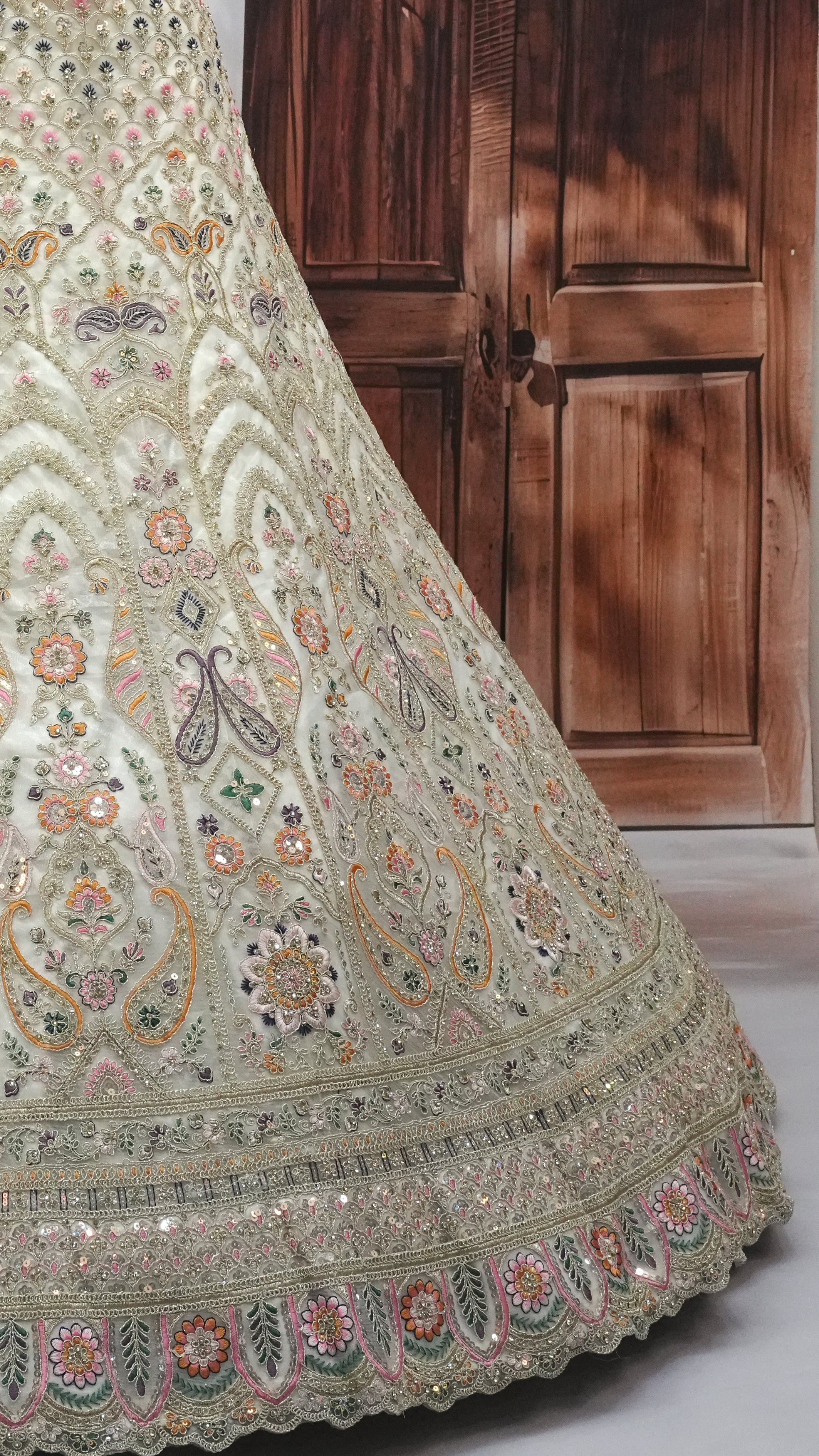 Ivory gold Embroidered Bridal Lehenga Choli with Net Dupatta – Pastel Handwork Designer Lehenga