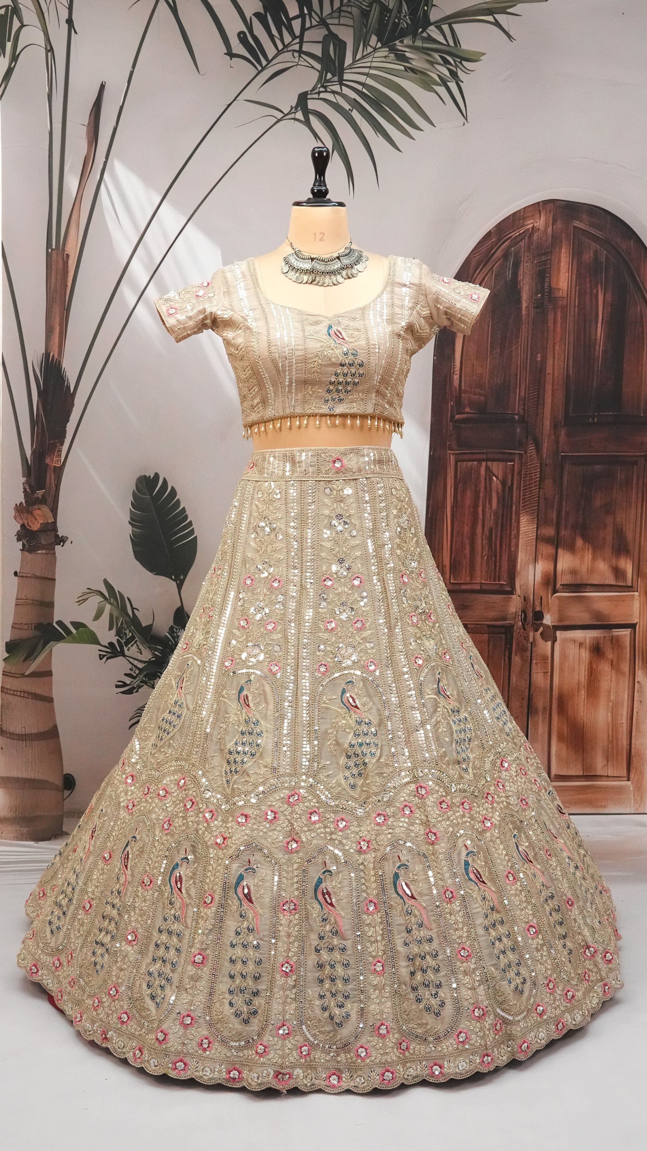 Ivory Gold Peacock Embroidered Lehenga Choli with Net Dupatta –Festive Wear