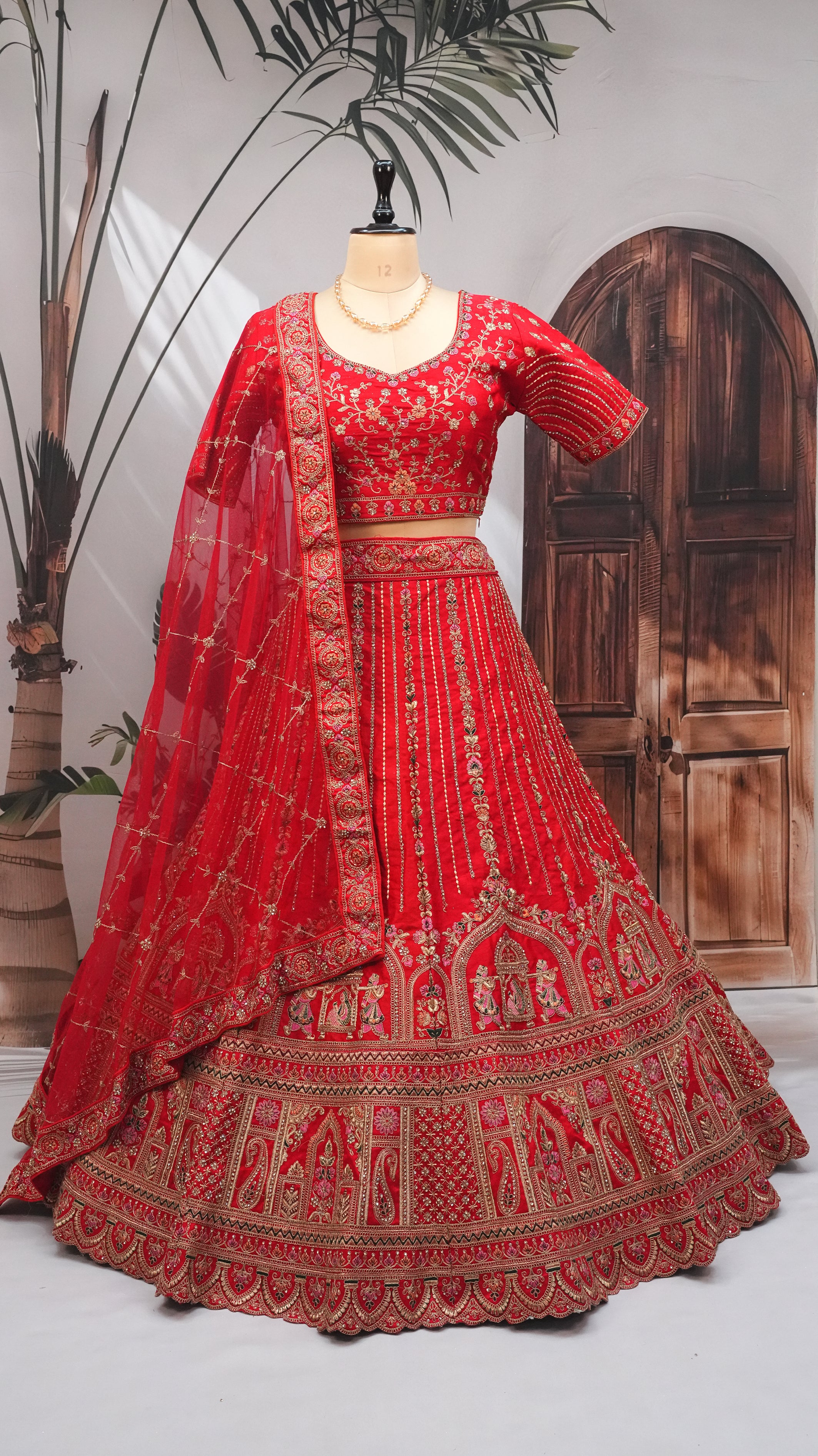 Red Bridal Lehenga Choli with Heavy Gold Embroidery & Net Dupatta – Wedding Wear Lehenga Set