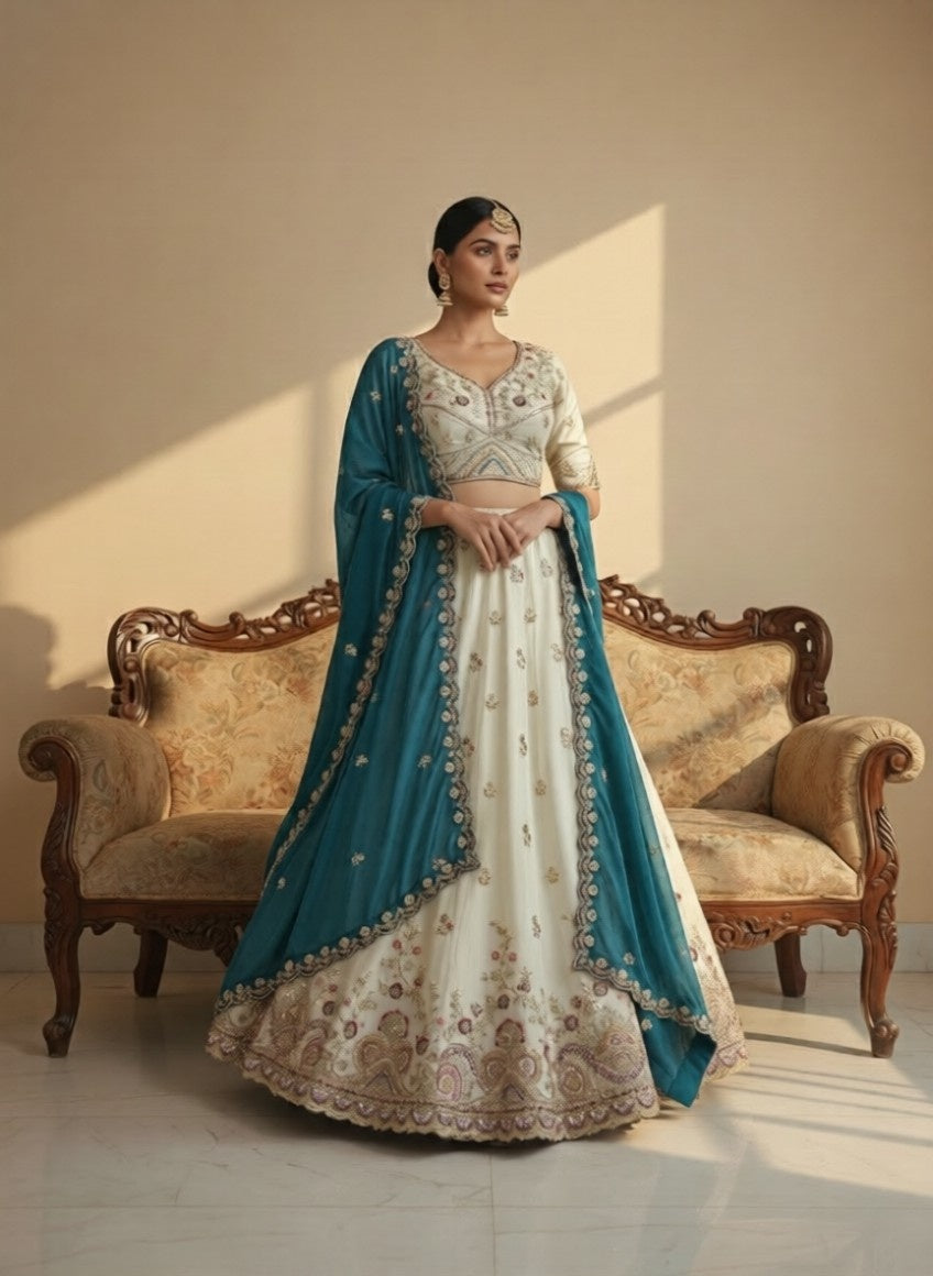 Ivory Viscose Tissue Lehenga with Mustard Fendi Dupatta – Fully Stitched Designer Festive Wear