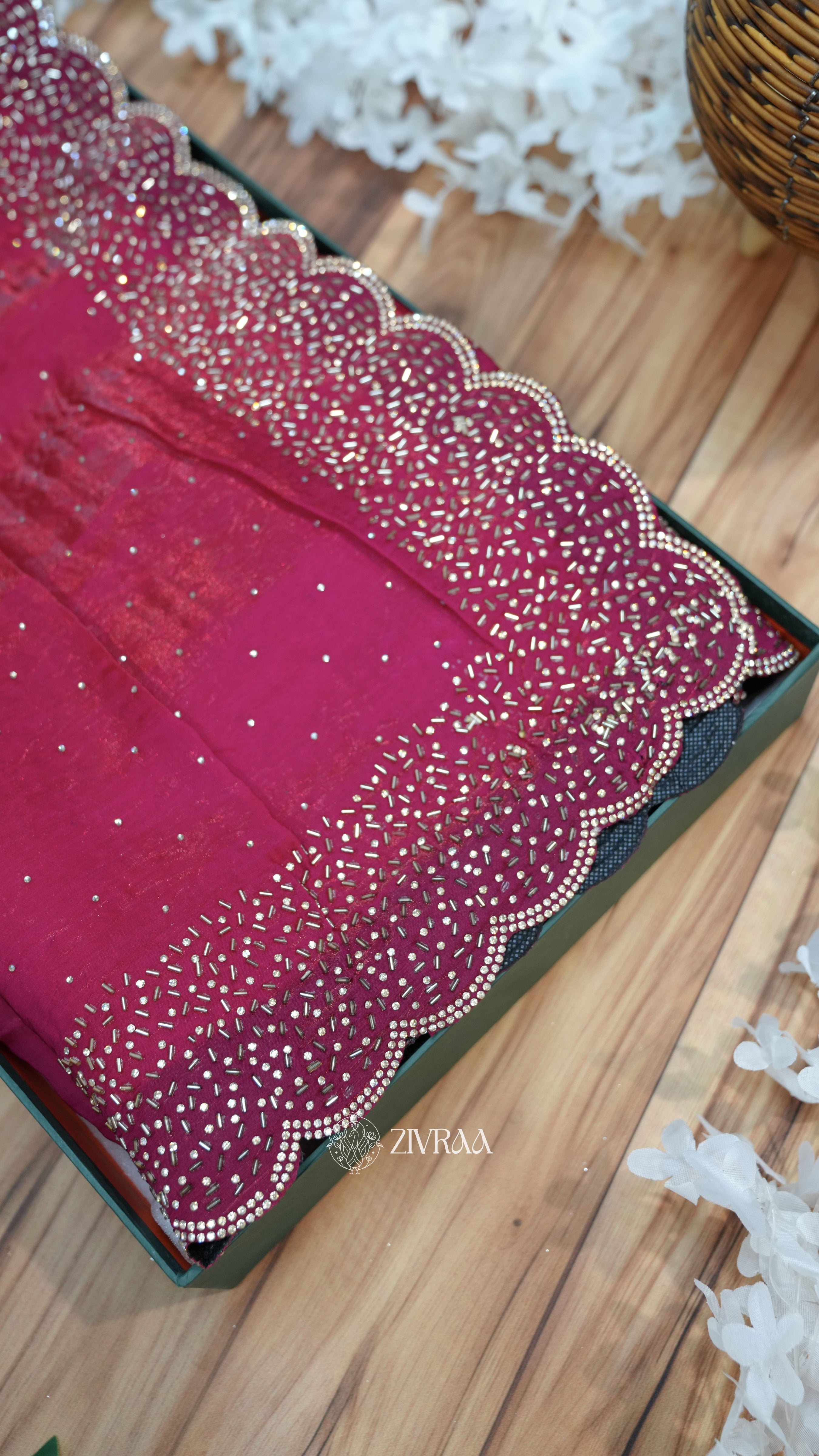 Festive Rani Saree with siroski Scalloped Border