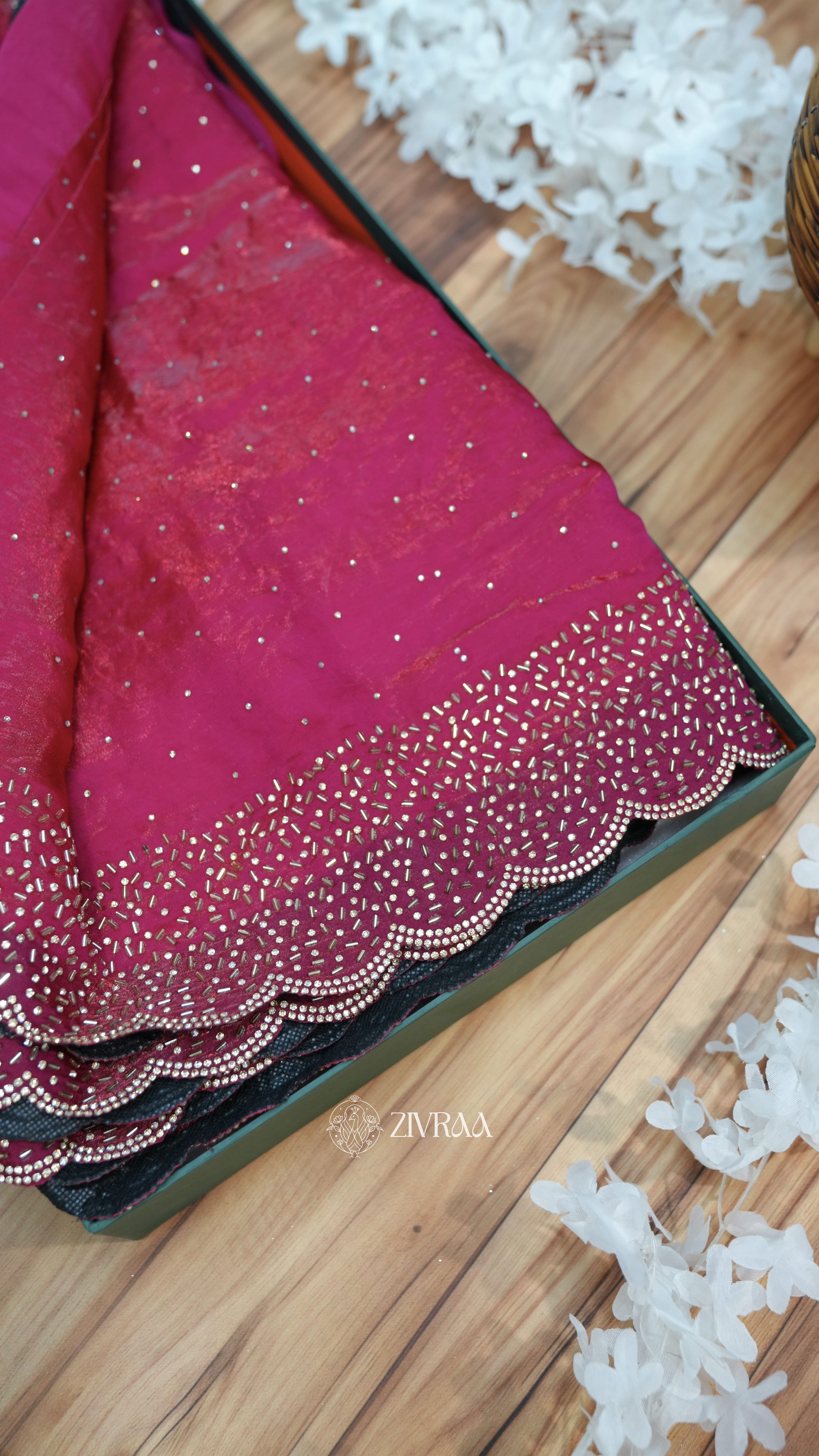 Elegant Purple Hand-Embellished Saree with Scalloped Border