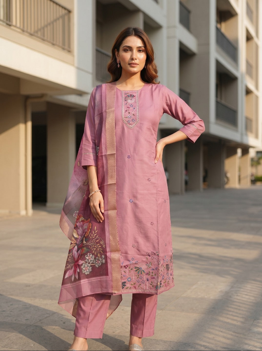 Pink Roman Silk Embroidered Kurta Pant Set with Floral Organza Chanderi Dupatta | Premium Ethnic Wear for Women