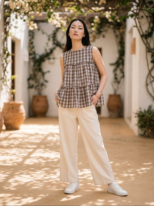 Women's Stylish Linen Cotton Co-Ord Set | Sleeveless Tiered Top with Straight Pant | Trendy Casual Summer Outfit