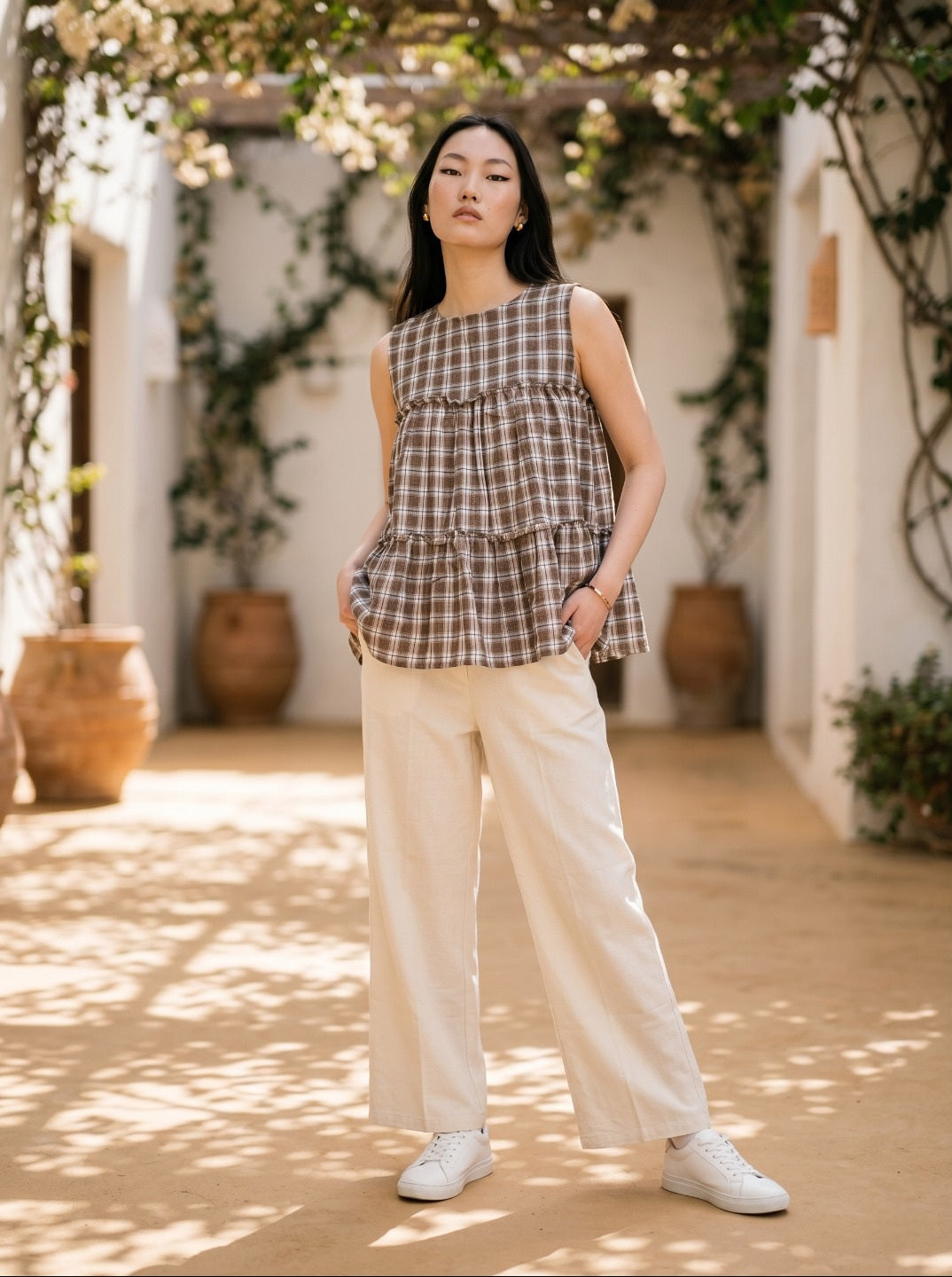 Women's Stylish Linen Cotton Co-Ord Set | Sleeveless Tiered Top with Straight Pant | Trendy Casual Summer Outfit