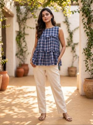 Women's Trending Linen Cotton Checked Co-Ord Set | Sleeveless Tiered Top & Relaxed Pant | Trendy Casual Co-Ord Set Outfit