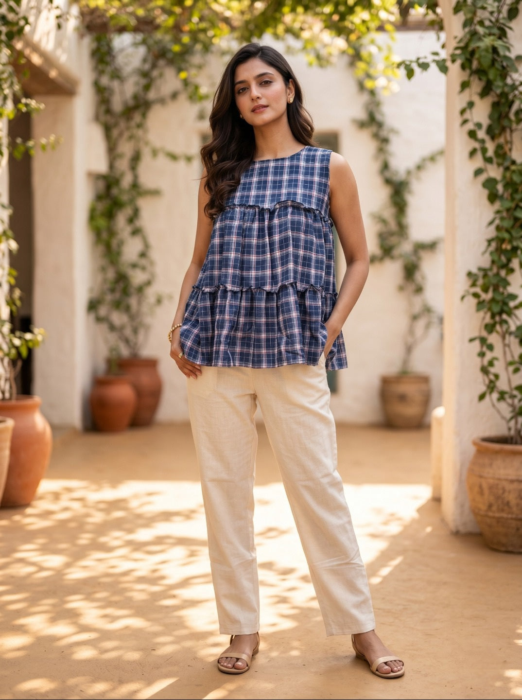 Women's Trending Linen Cotton Checked Co-Ord Set | Sleeveless Tiered Top & Relaxed Pant | Trendy Casual Co-Ord Set Outfit