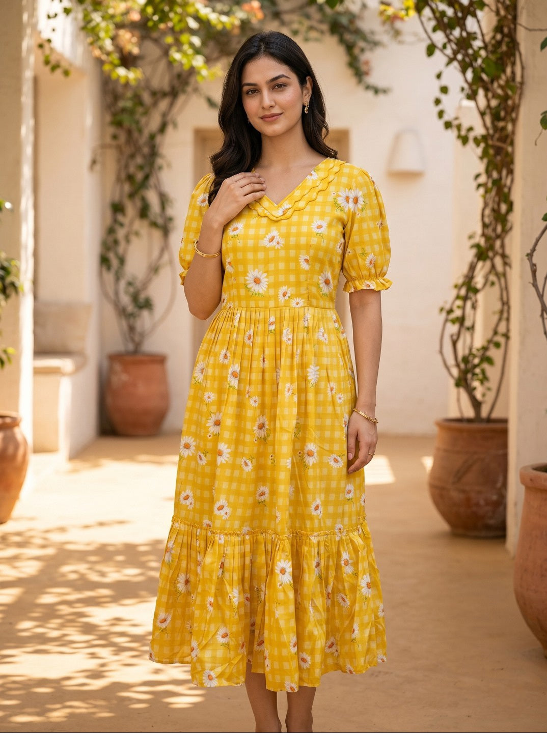 Women’s Sunshine Yellow Muslin Silk Gingham Print Floral Midi Kurta | Elegant Summer Casual Dress for Women