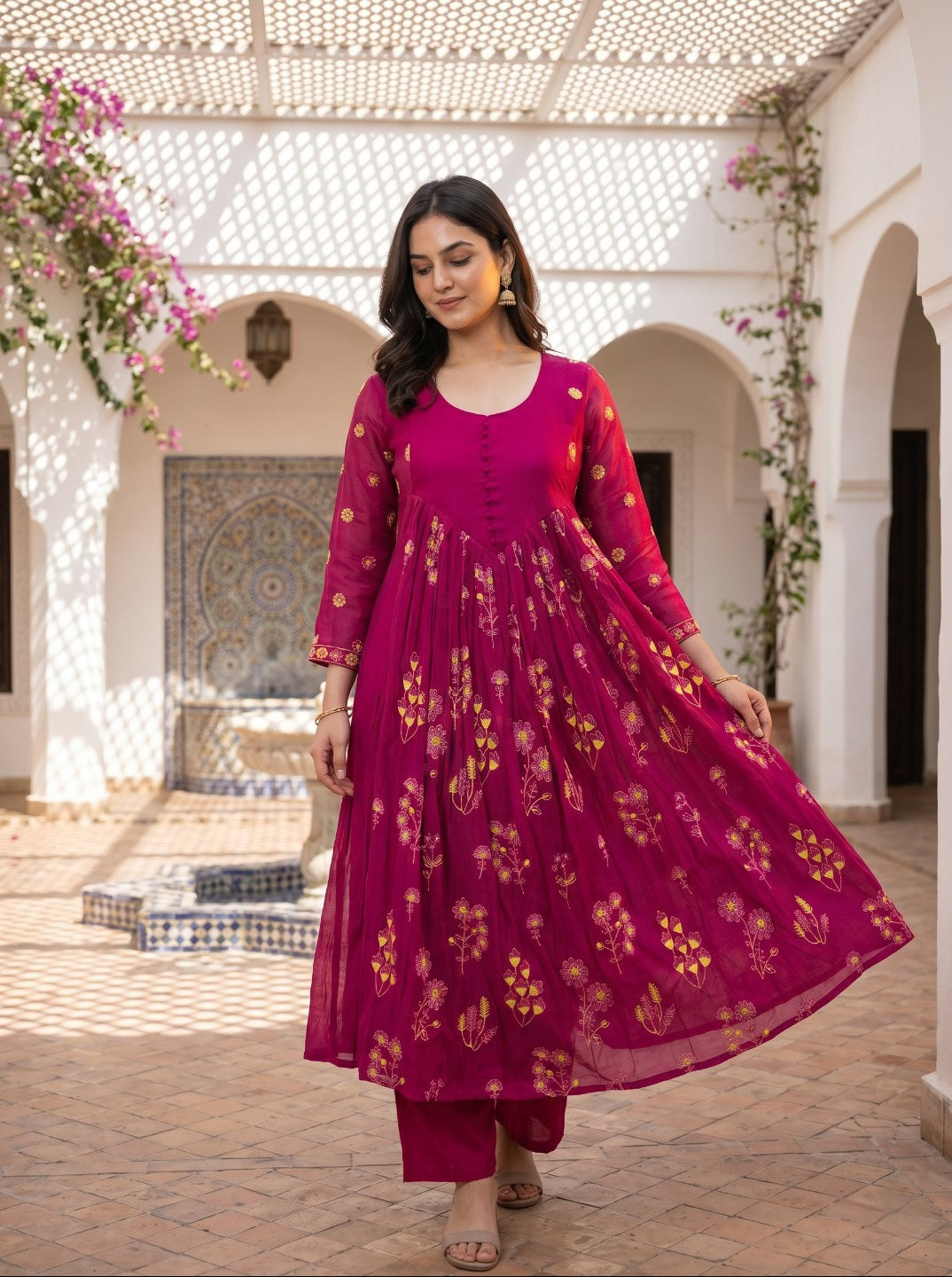 Premium Floral Printed Mal Chanderi Kurta Set for Women with Roman Silk Pant | Elegant Festive & Ethnic Wear
