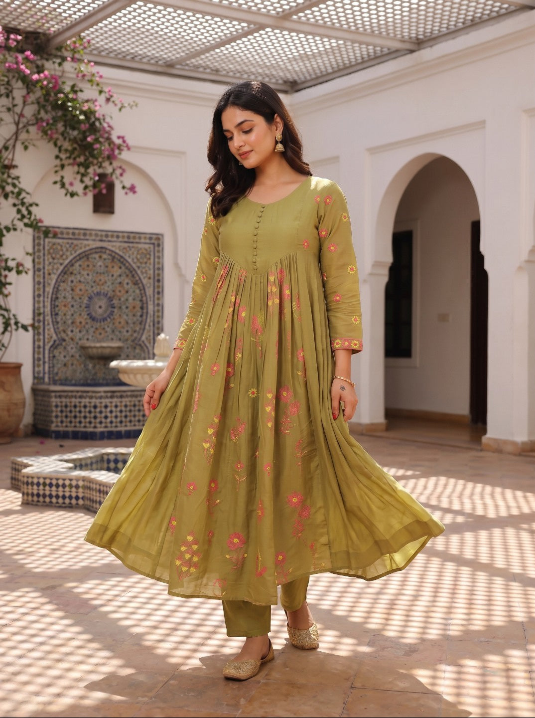 Premium Floral Printed Mal Chanderi Kurta Set for Women with Roman Silk Pant | Elegant Festive & Ethnic Wear