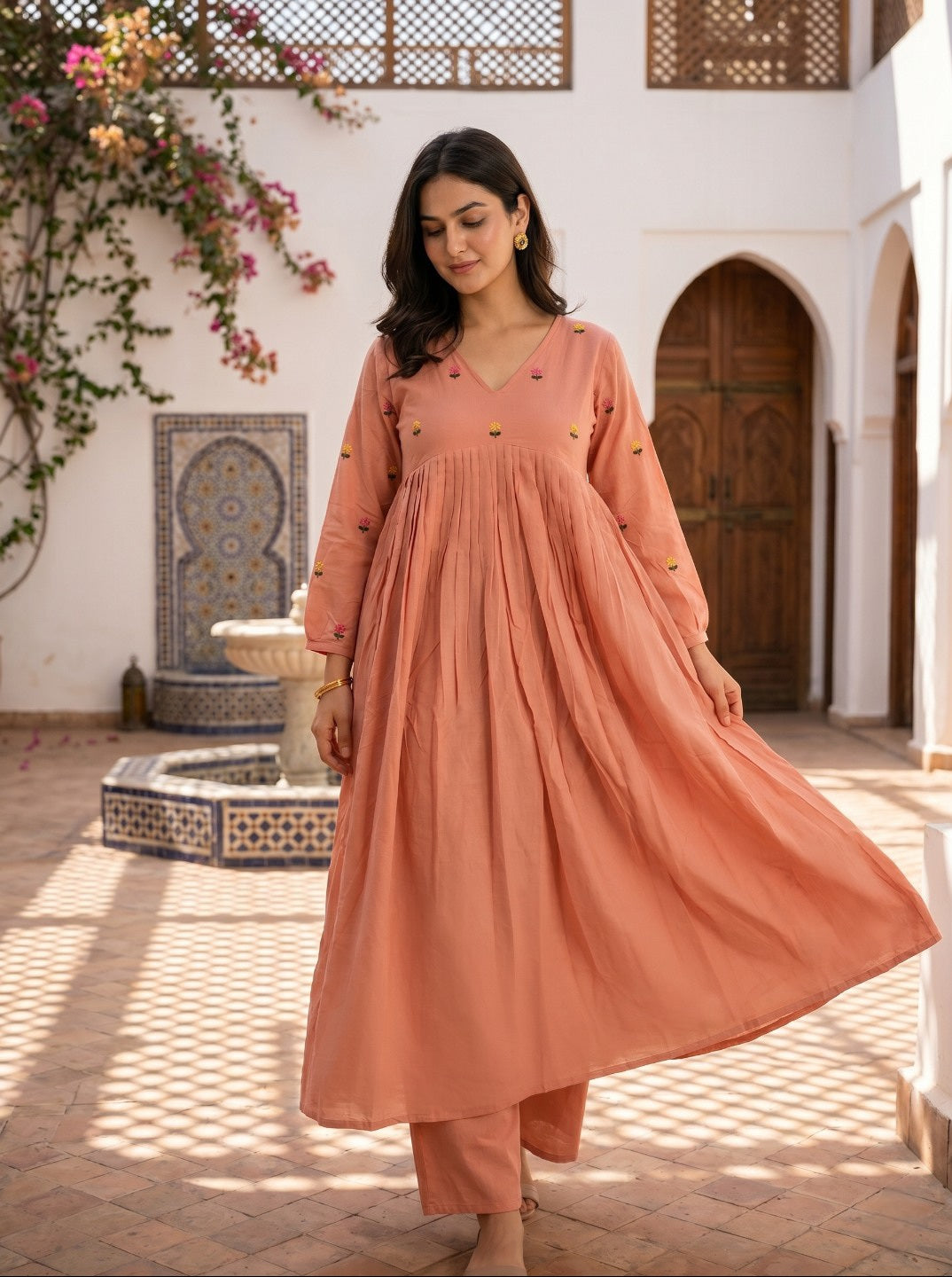 Women Pure Cotton Floral Embroidered A-Line Anarkali Kurta with Straight Pants | Summer Kurta Set