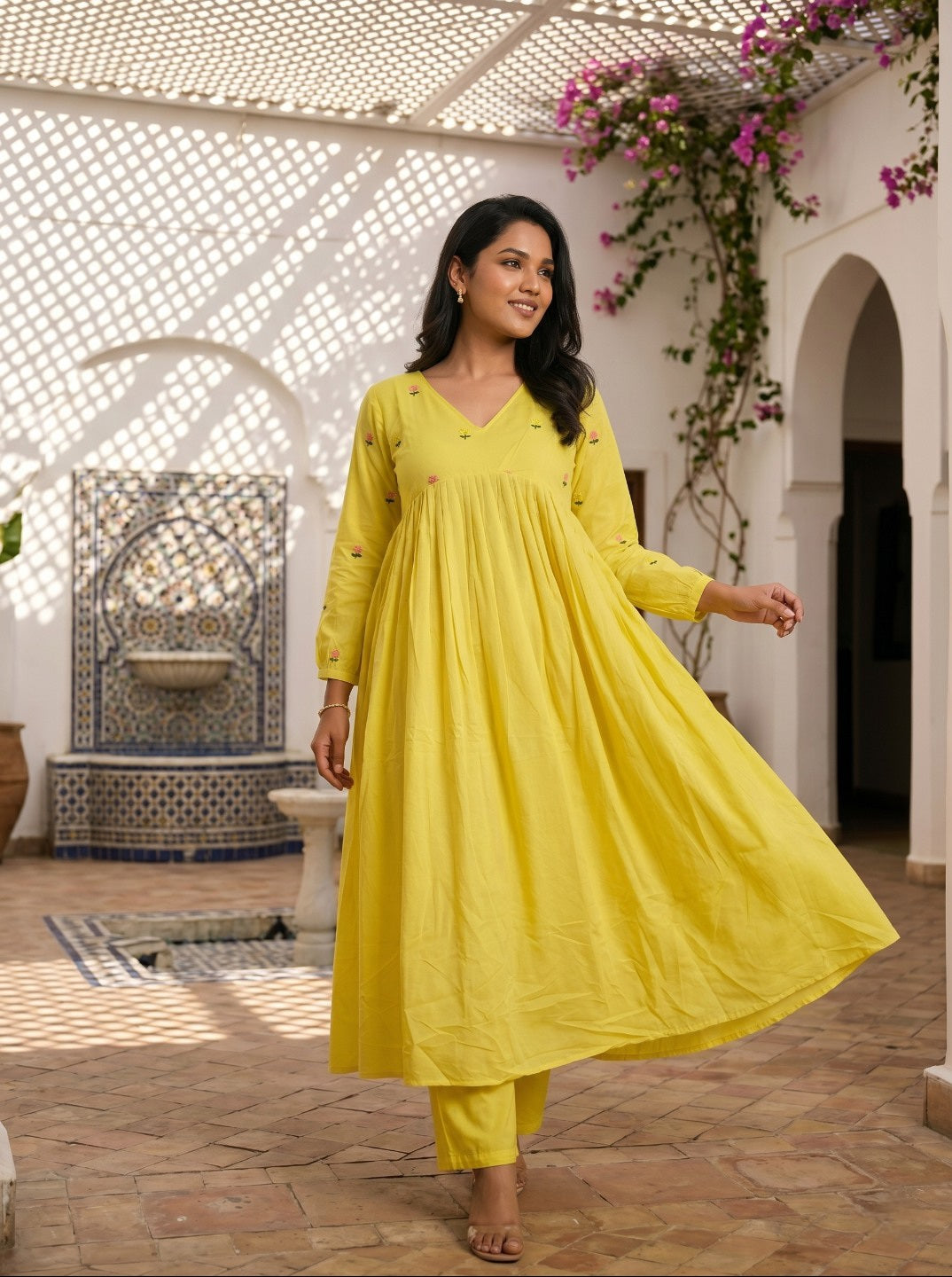 Women Pure Cotton Floral Embroidered A-Line Anarkali Kurta with Straight Pants | Summer Kurta Set