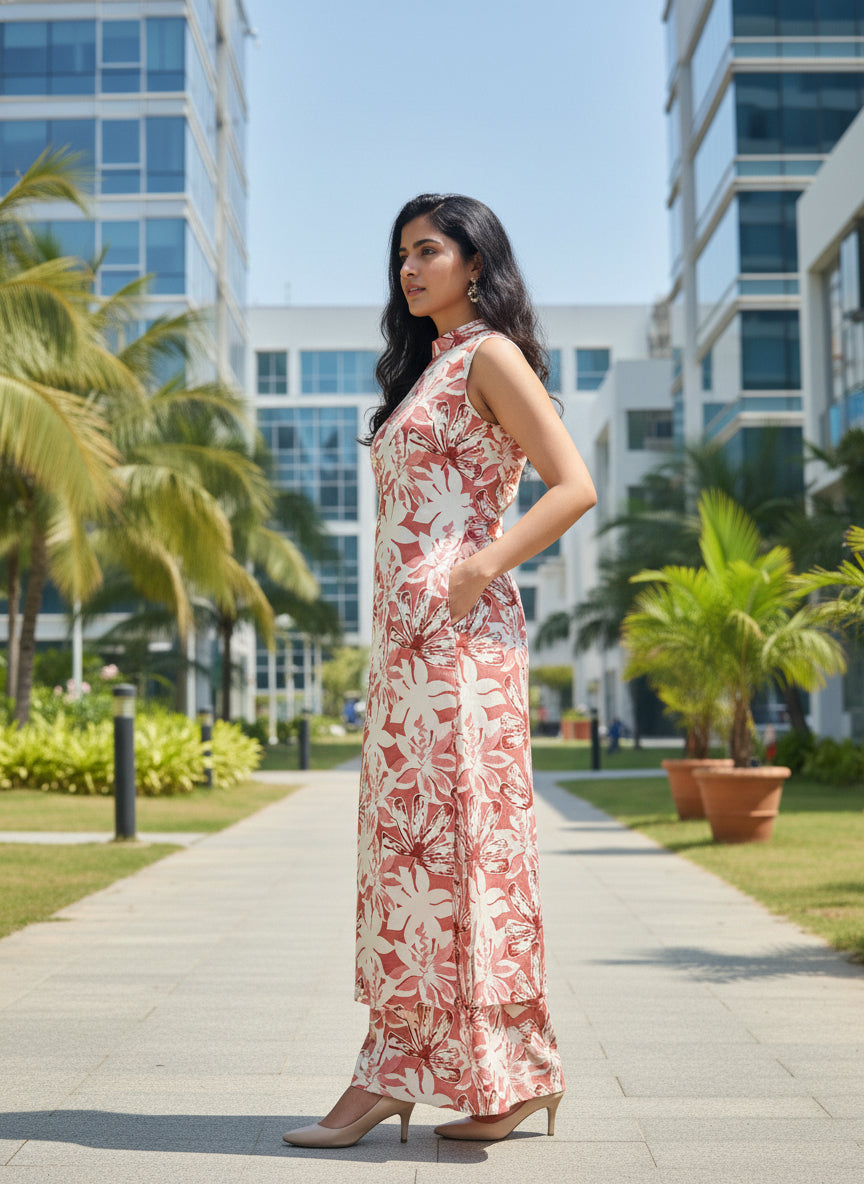 Floral Printed 2-Piece Kurta Set – Sleeveless Straight Kurta with Matching Bottom | Summer Ethnic Wear