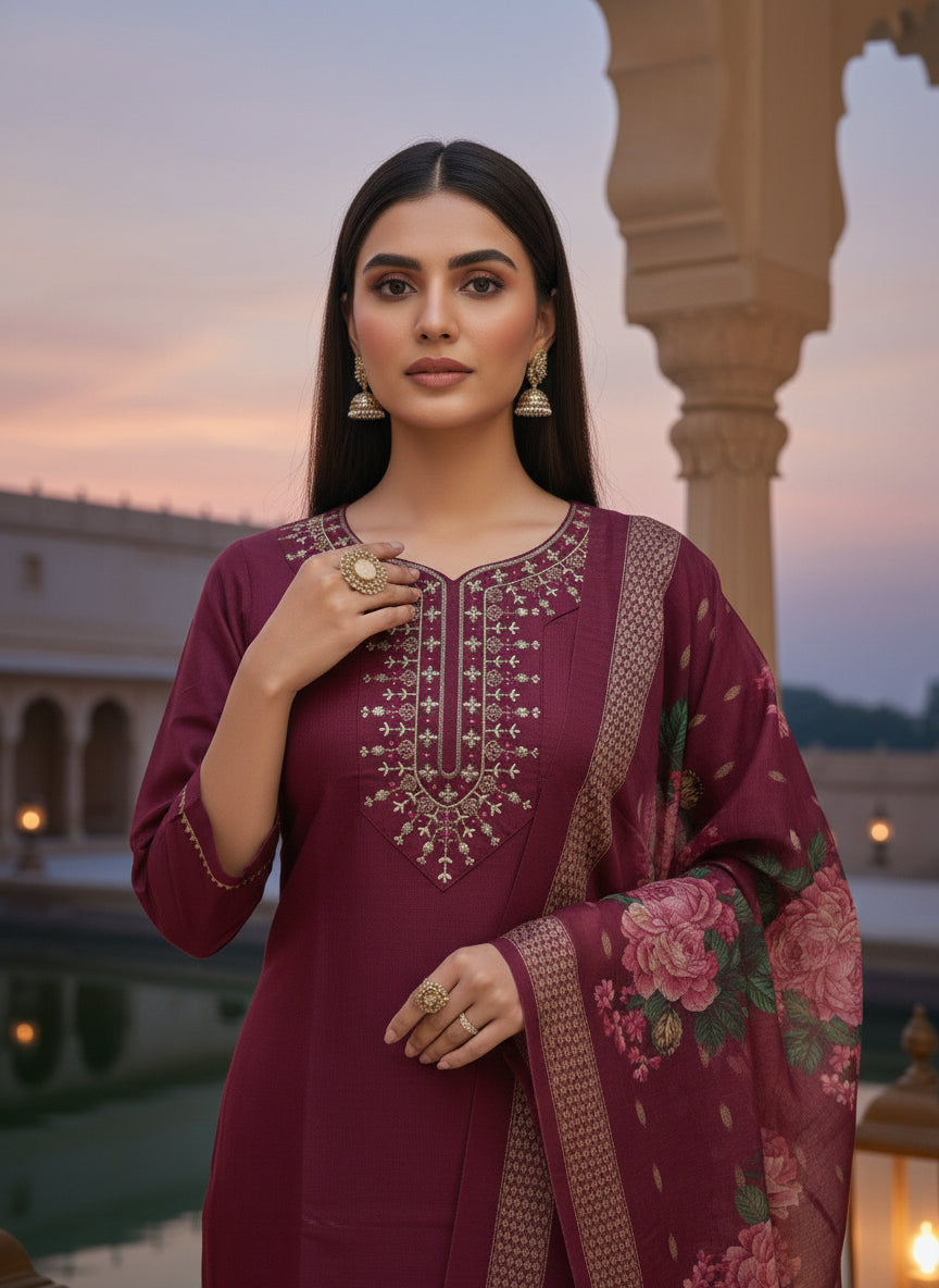 Maroon Ethnic Motifs Embroidered Straight Kurta with Trousers and Dupatta in Cotton Blend Fabric