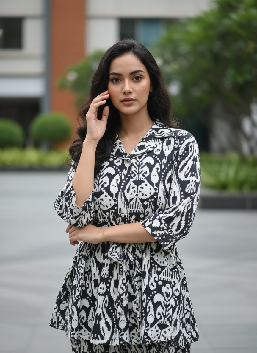 Black & White Printed Co-Ord Set for Women | Peplum Top & Straight Pants