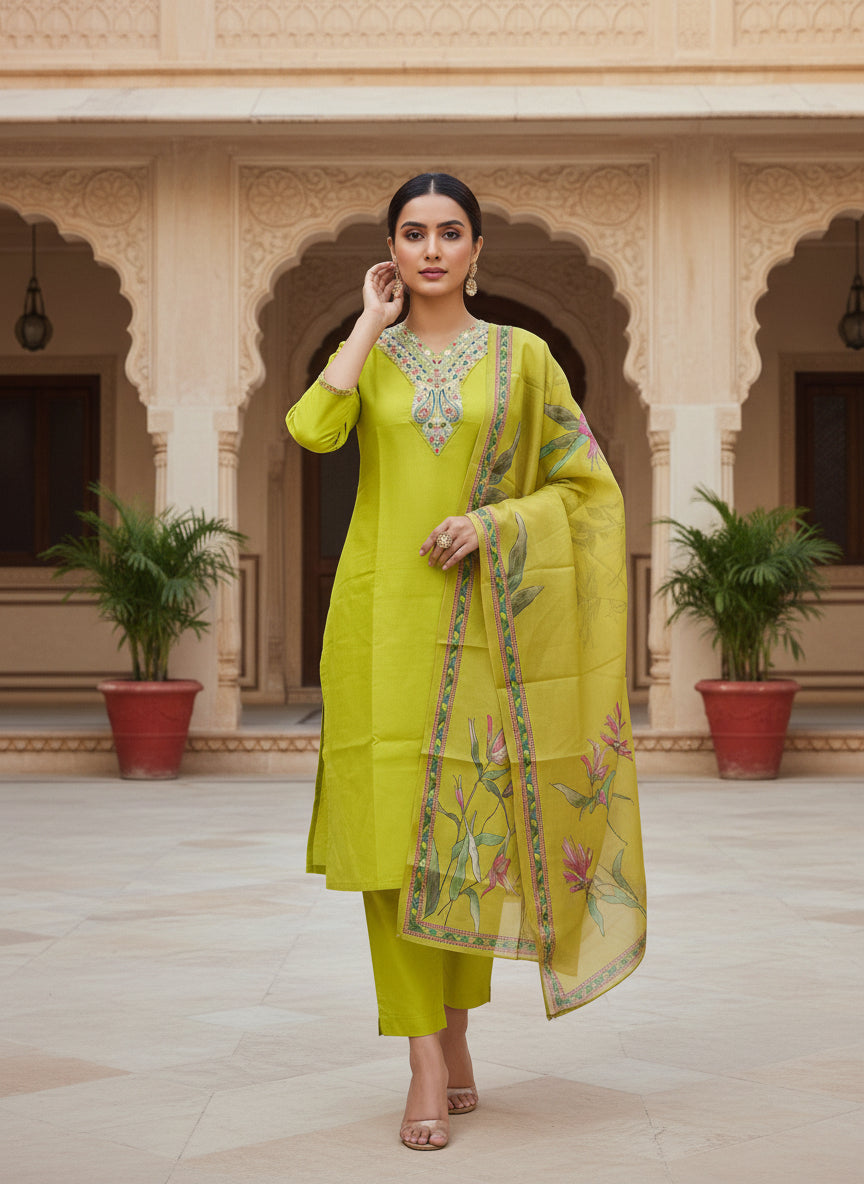 Women’s Lime Green Embroidered Kurta with Trousers & Dupatta – Elegant Ethnic Suit Set