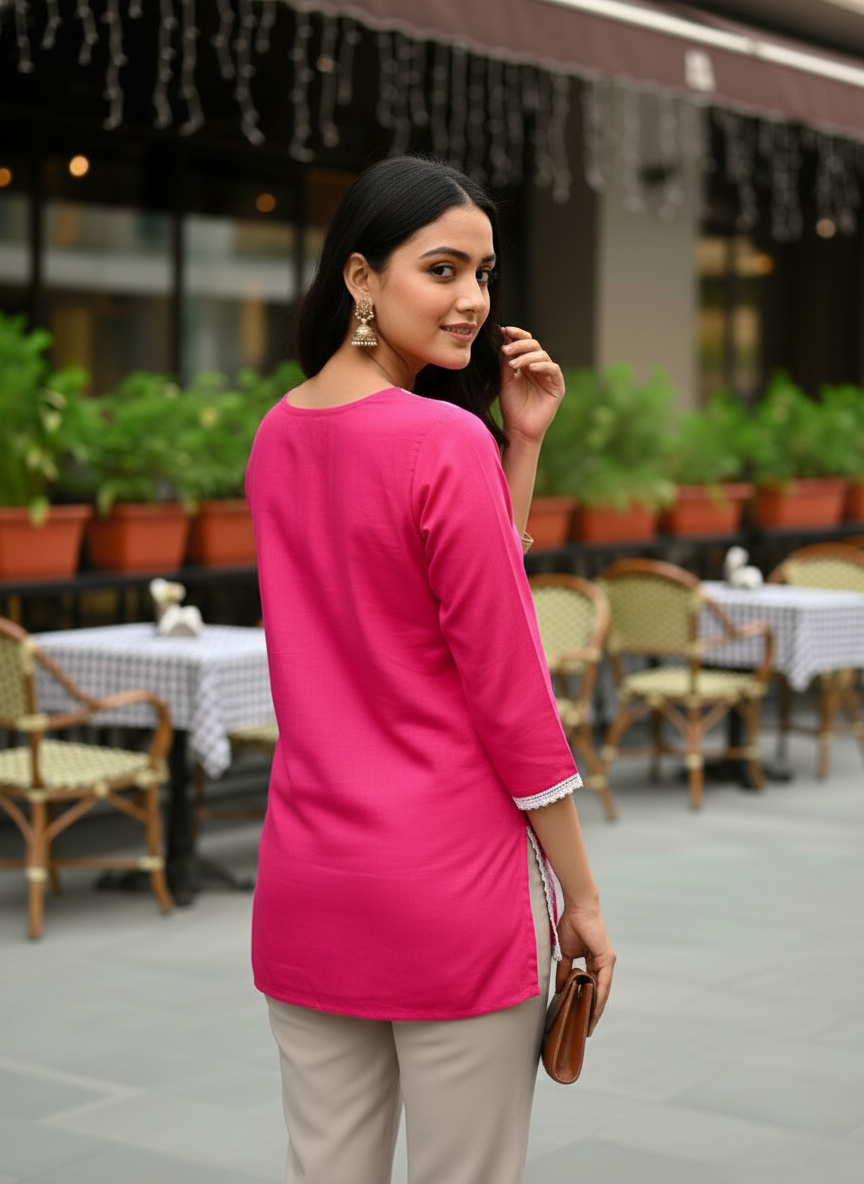 Pink Ethnic Motifs Embroidered Chikankari Straight Kurti - with Round Neck and Cotton Blend Fabric