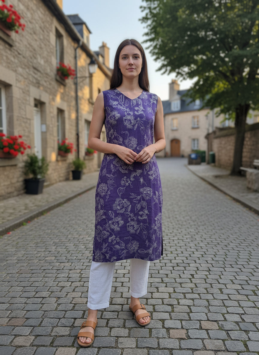 Purple Floral Printed Straight Kurti with V-Neck - and Sleeveless Everyday Cotton Blend Design