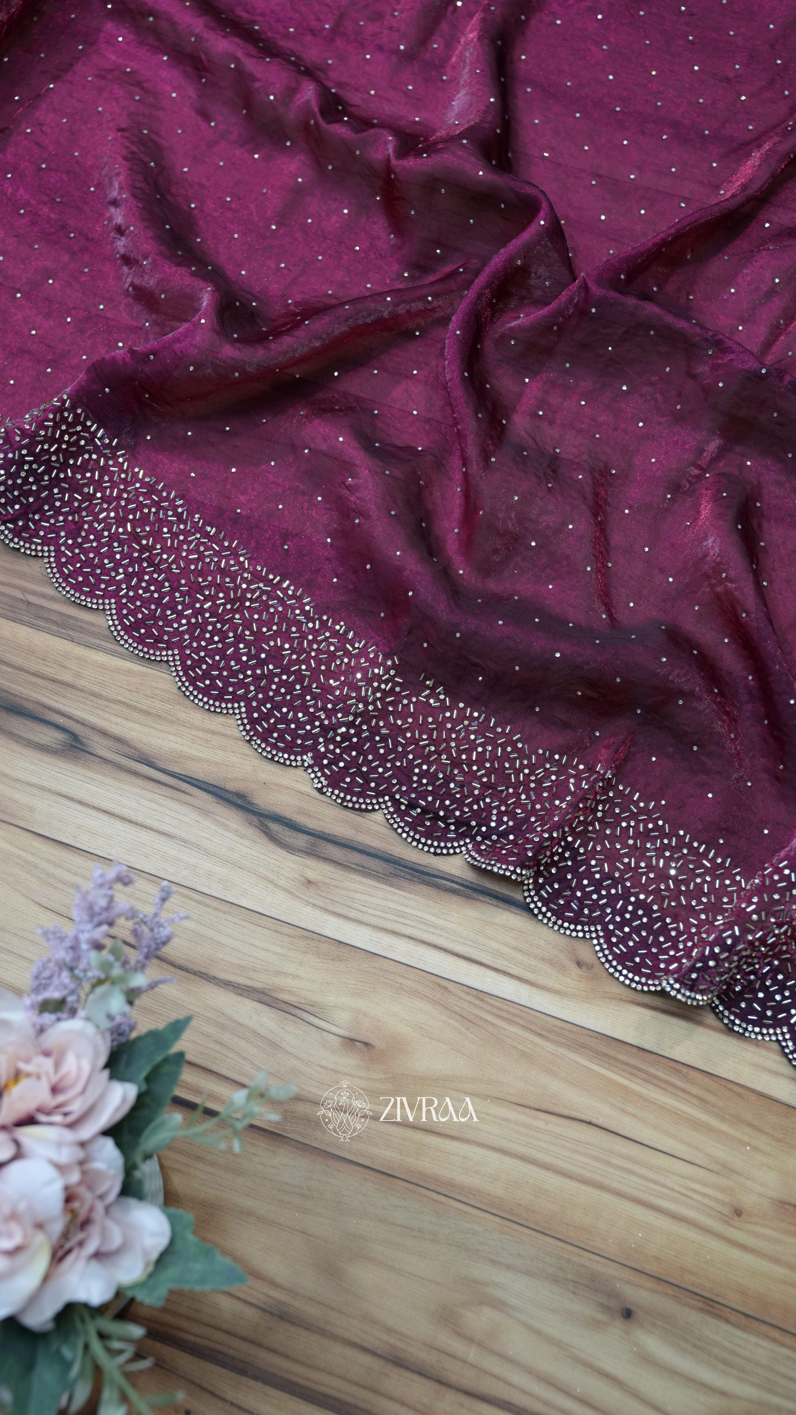 Festive Rani Saree with siroski Scalloped Border