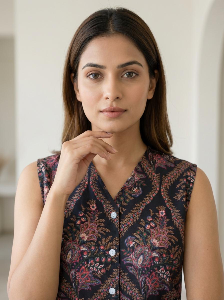 Black Floral Printed Sleeveless Short Kurti with Front Buttons – Stylish Ethnic Casual & Office Wear Top